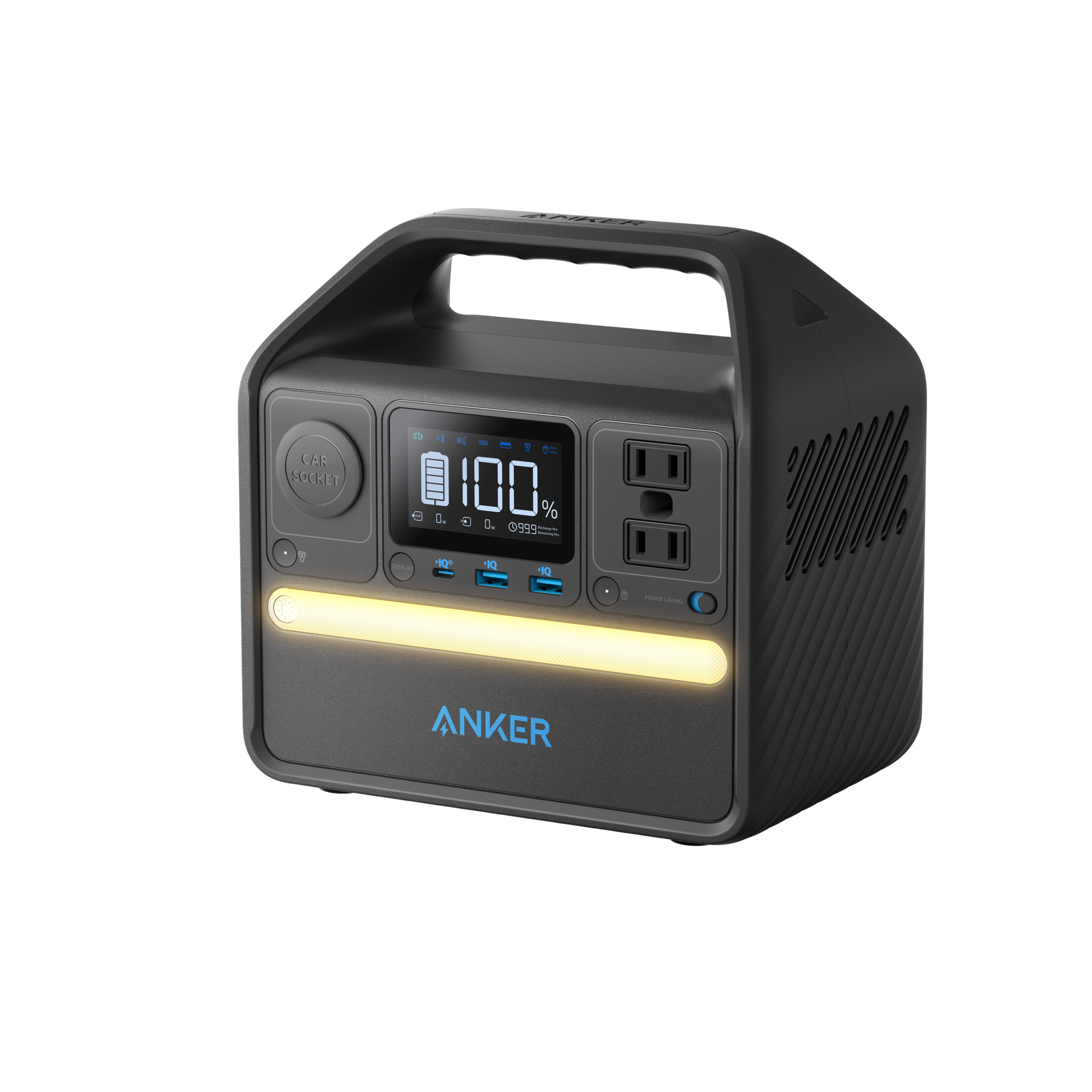 Anker 521 PowerHouse A1720 manufacturer rendering showing two AC receptacles, USB ports, car socket, display and built-in light