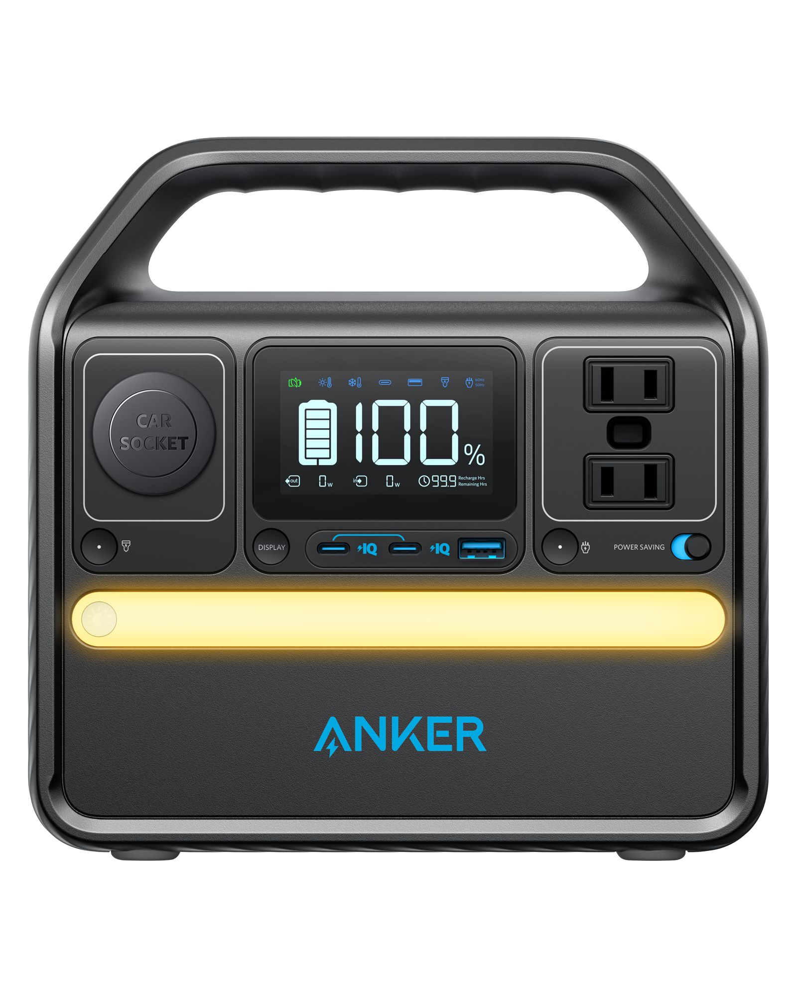 Anker PowerHouse 522 A1721 front rendering with two AC outlets, display, USB-C and USB-A ports, car socket and light bar