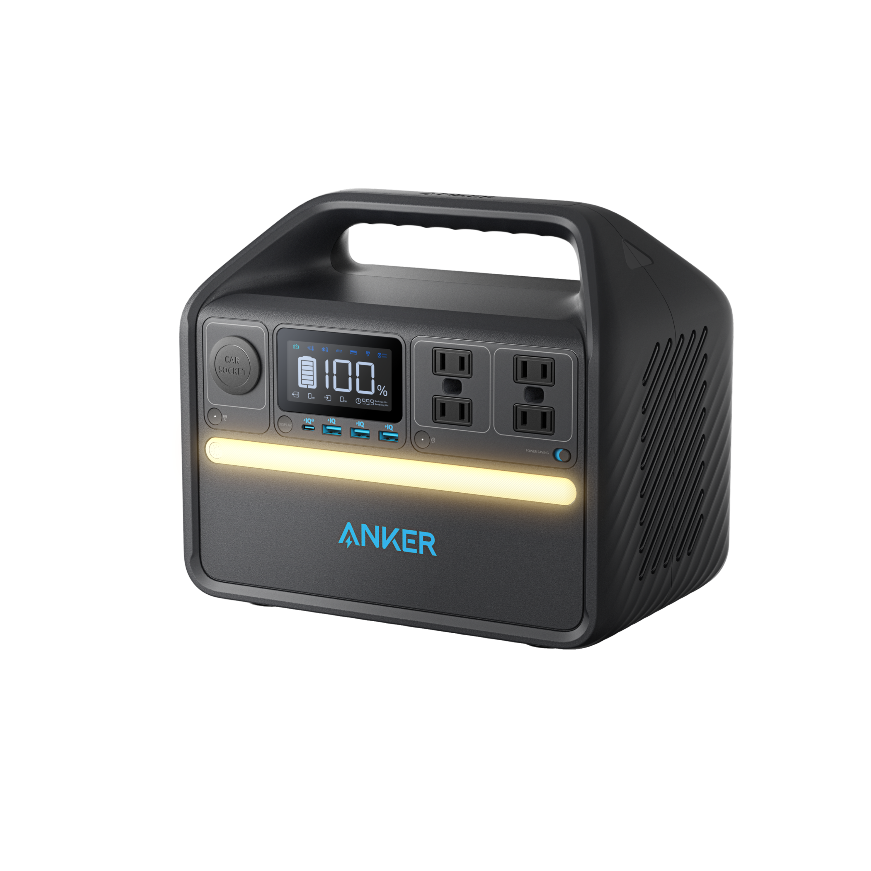Anker 535 PowerHouse A1751 portable power station with four AC receptacles, display and front ports, manufacturer rendering