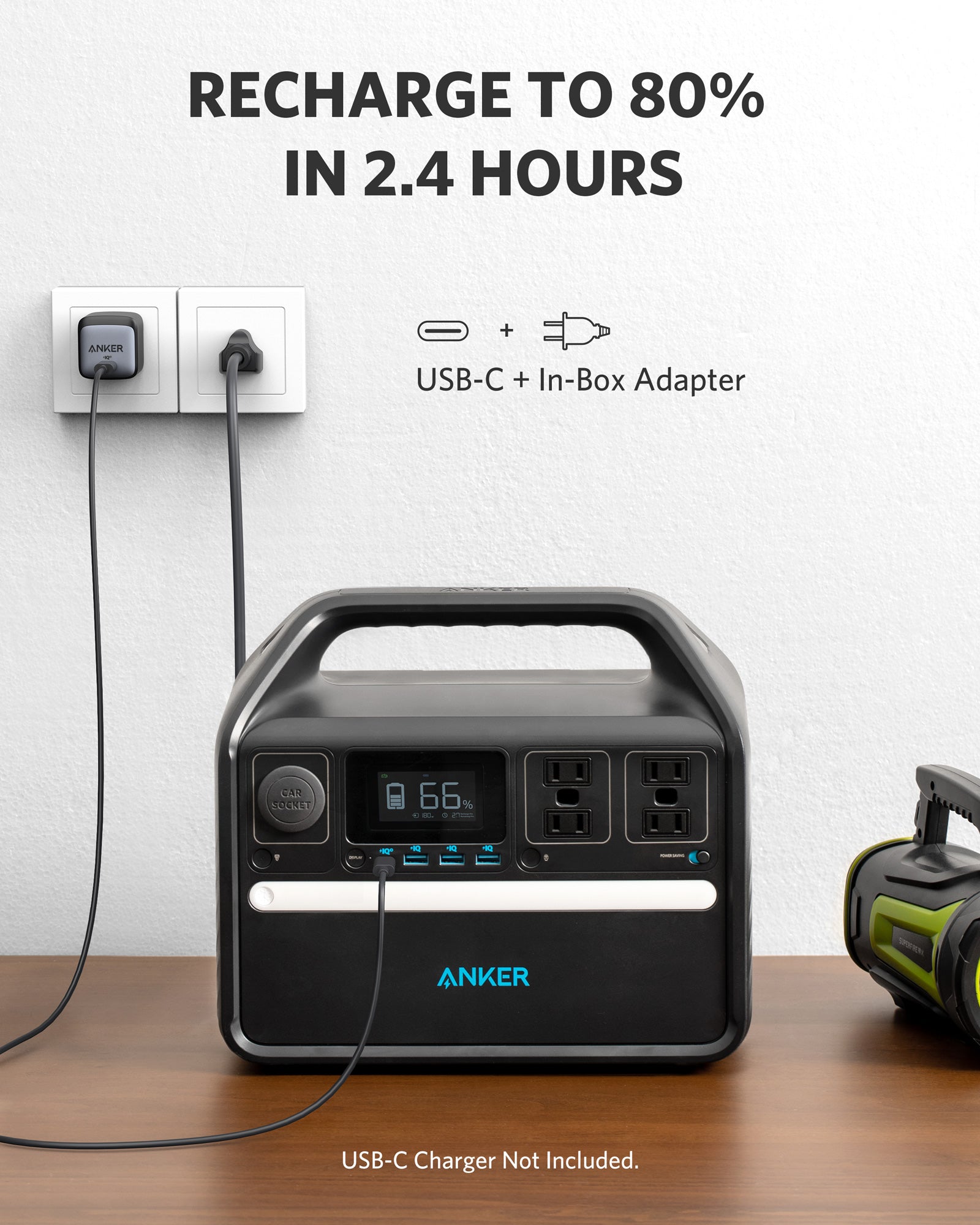 Anker 536 PowerHouse manufacturer marketing graphic showing the front panel and an adapter-plus-USB-C recharge-to-80% claim; USB-C charger not included