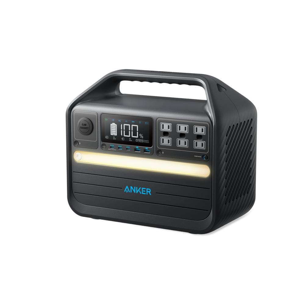 Anker 555 PowerHouse A1760 manufacturer rendering showing six AC receptacles, display, USB port area, 12 V car socket and front light strip
