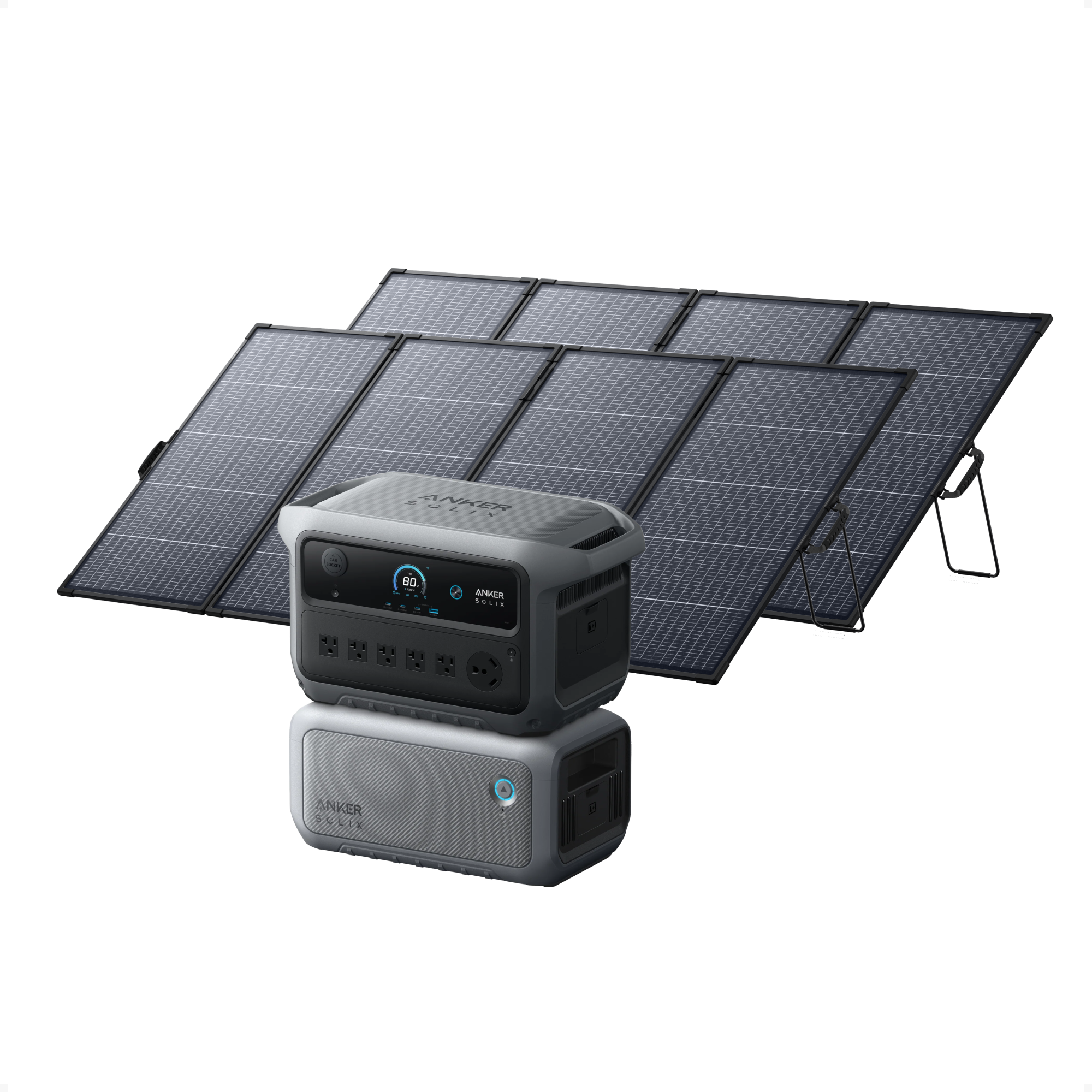 Official offer render depicts a C2000 Gen 2, BP2000-shaped battery and two panels; no component model labels, wiring or leads are visible, so the CGI does not establish electrical compatibility.