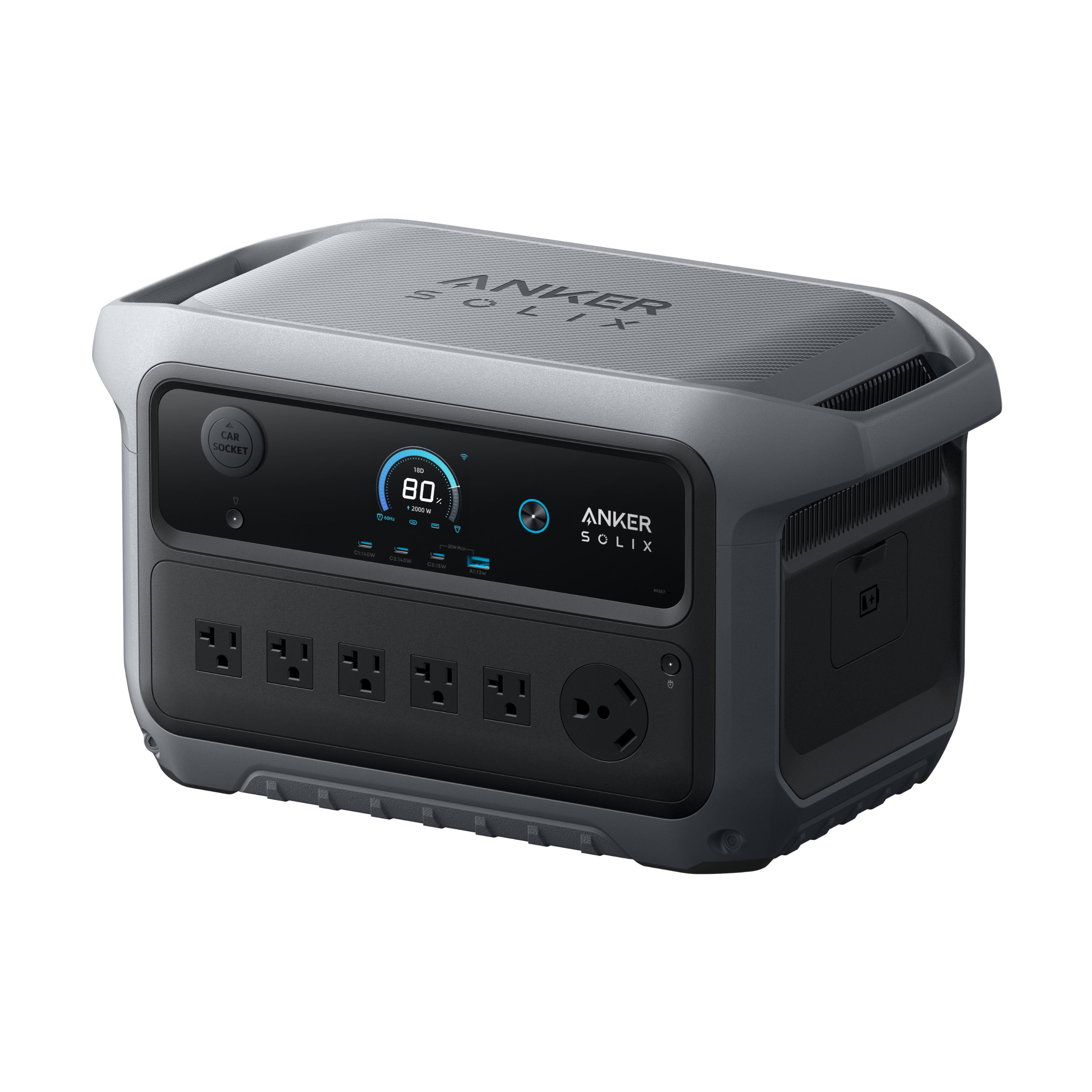 Anker SOLIX C2000 Gen 2 portable power station, front panel with standard AC outlets, separate TT-30R, USB and 12 V car socket