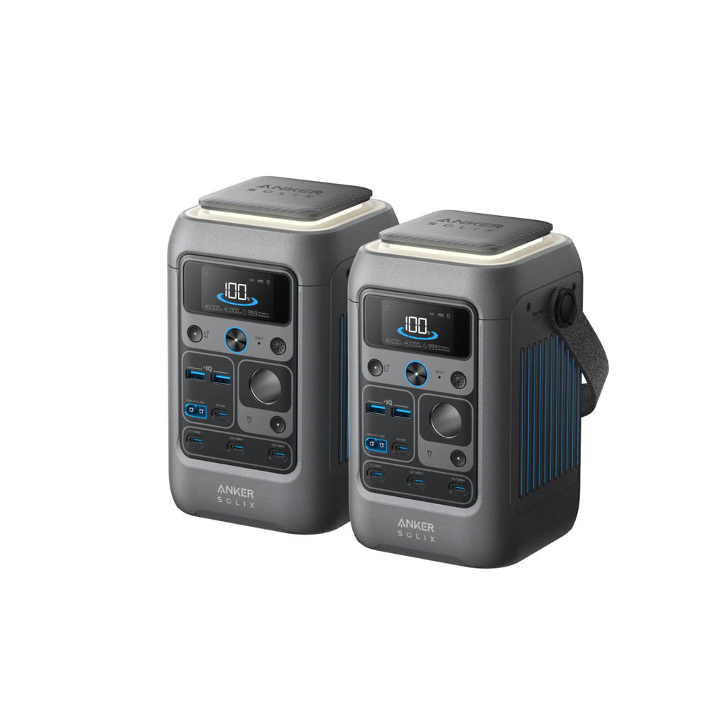 Two Anker SOLIX C300 DC A1726 stations in the manufacturer’s exact two-unit offer rendering; both show DC-only front ports.