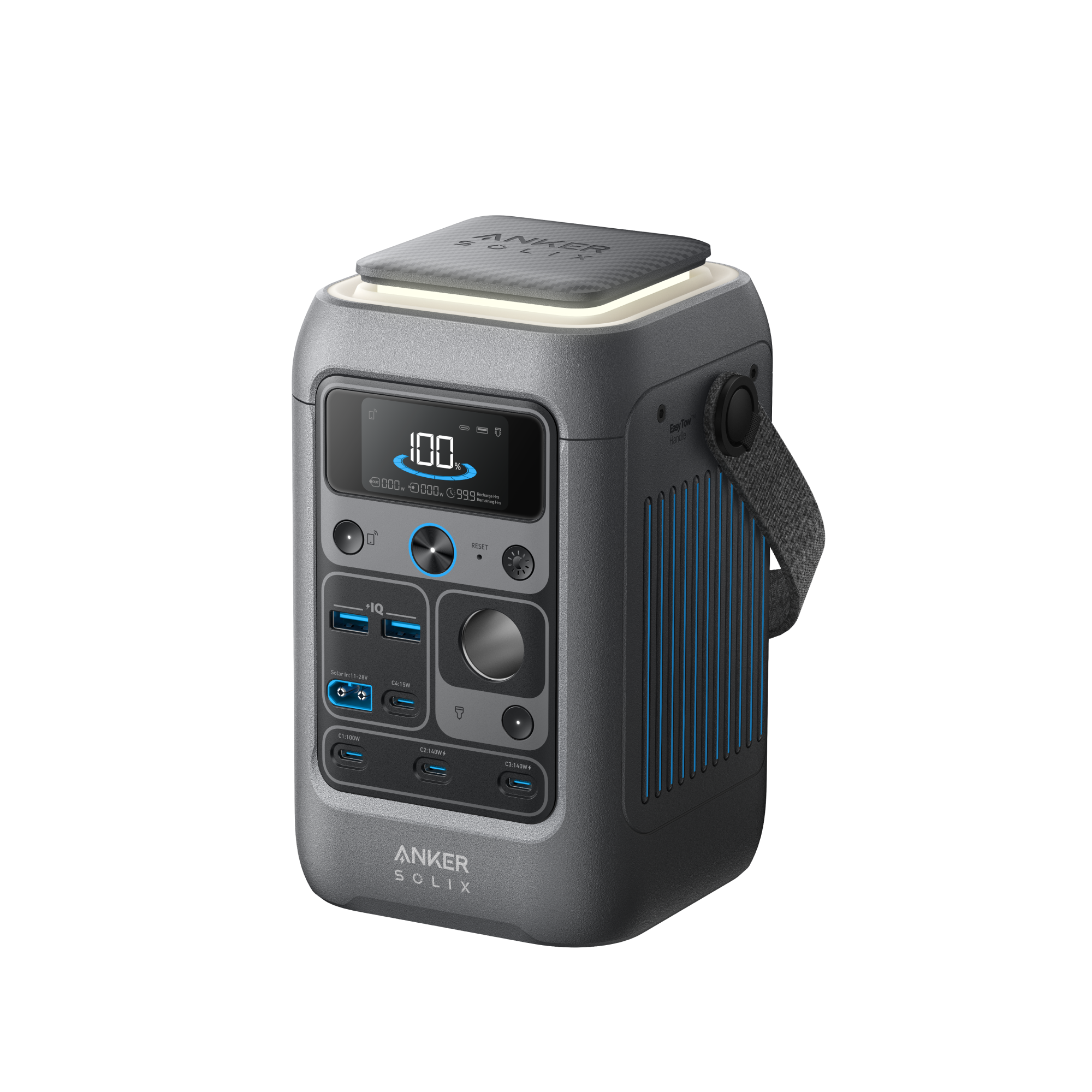 Anker SOLIX C300 DC A1726 direct-DC portable power station, USB-C and USB-A ports, 12 V socket, and separately sold strap; manufacturer promotional rendering