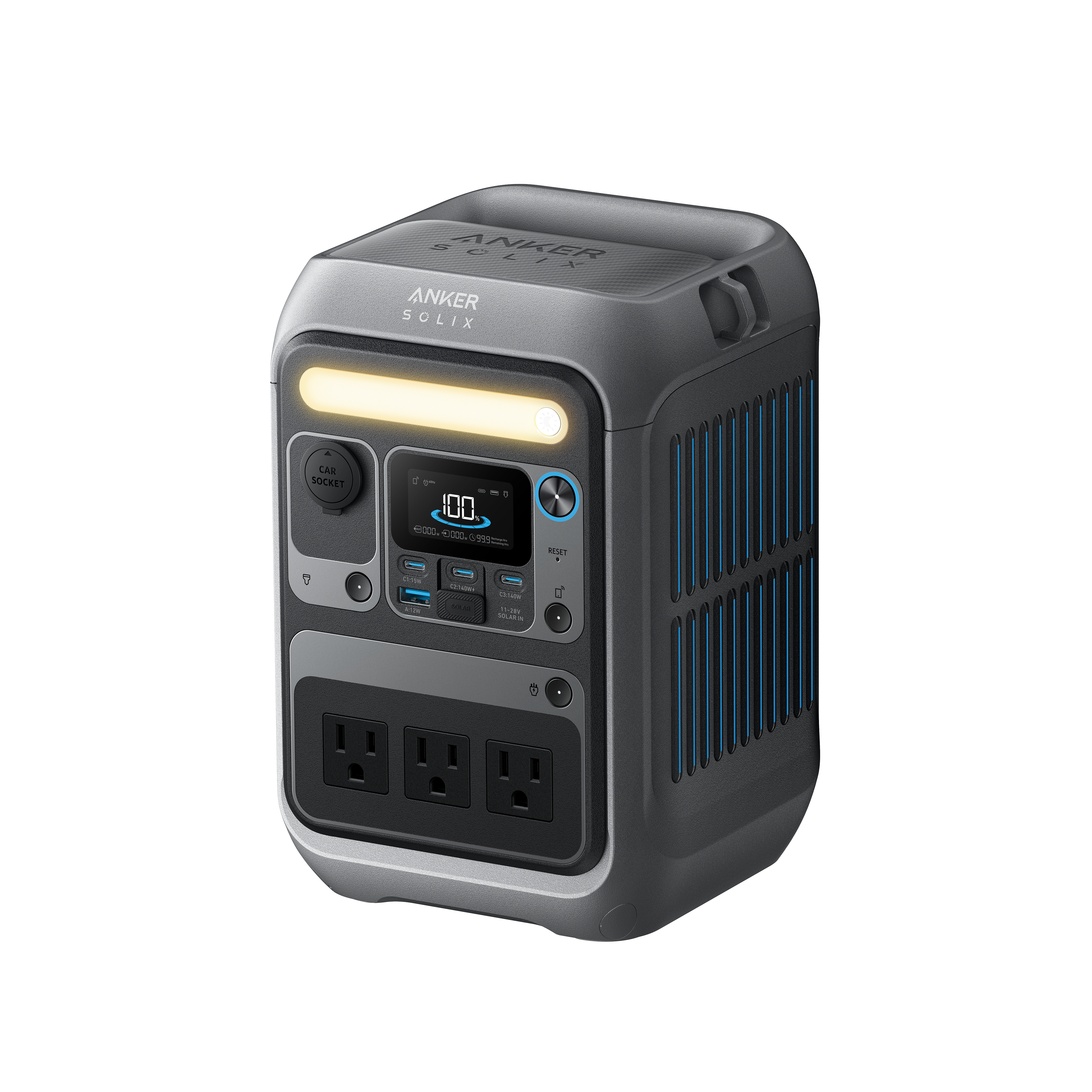 Anker SOLIX C300 A1722 portable power station, three 120 V outlets and front controls; manufacturer promotional rendering