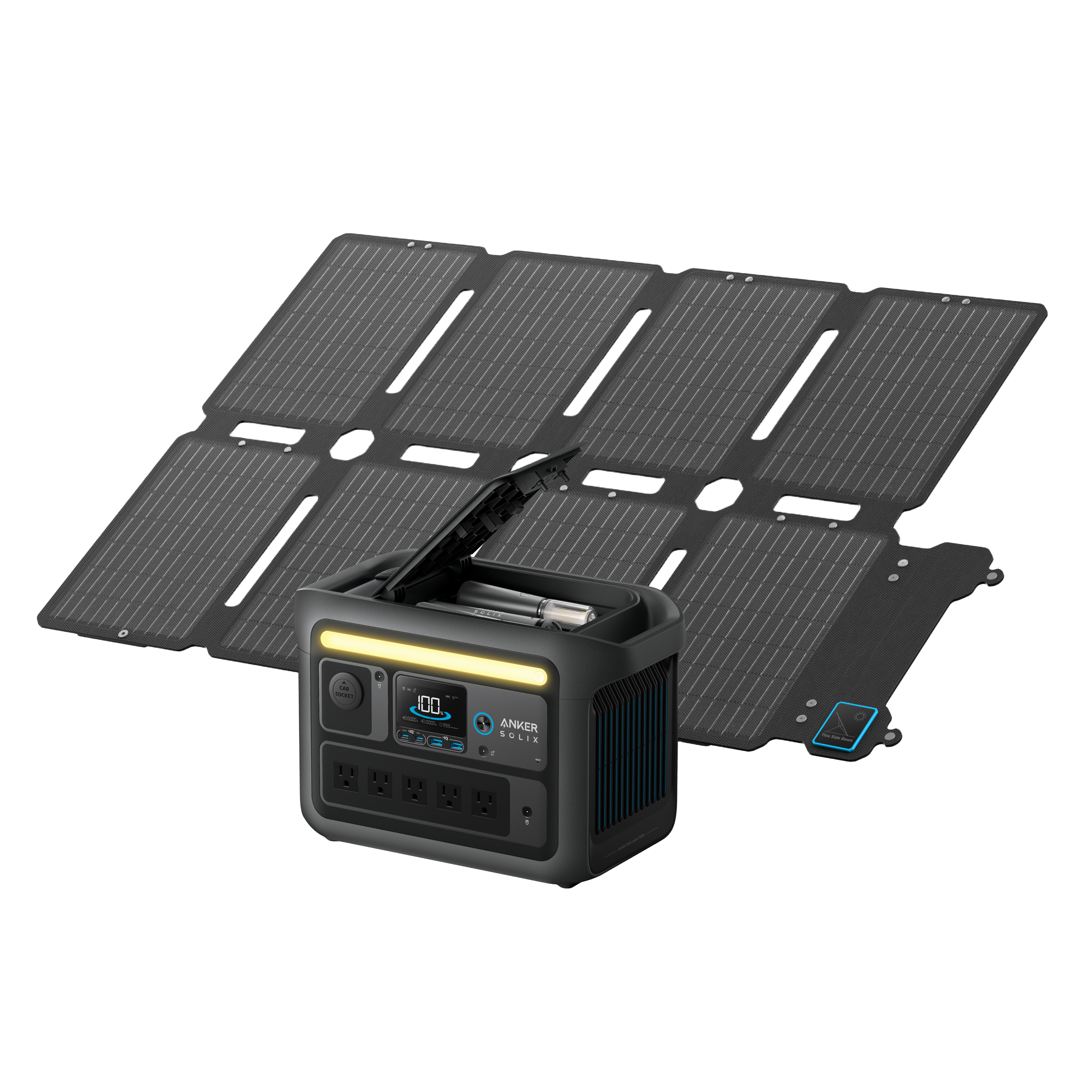 Anker SOLIX C800X beside a folded-out solar panel in the B1755116 product image