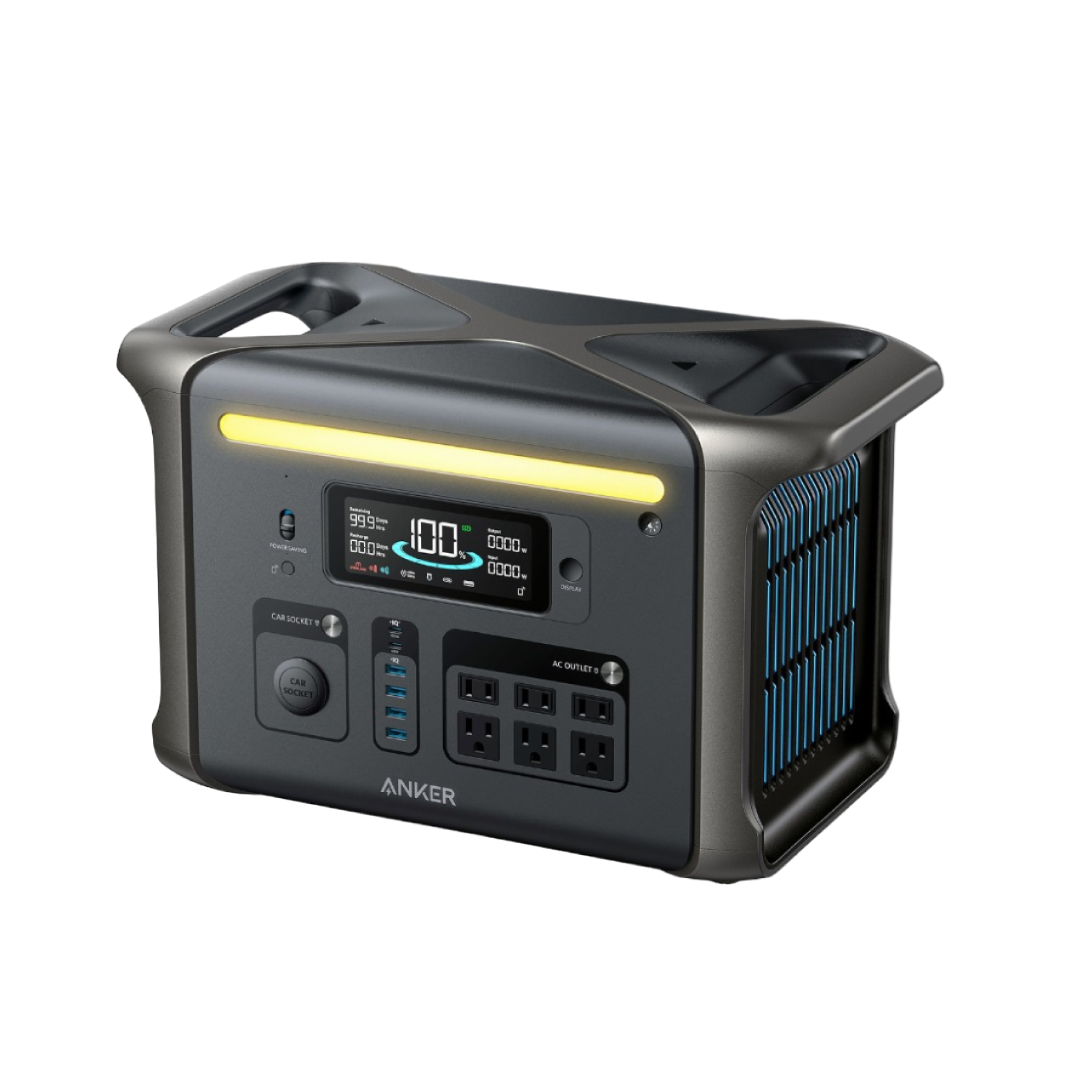 Anker SOLIX F1500 A1772 manufacturer rendering showing its front LCD, six AC receptacles, USB ports, 12 V socket, light strip and side vent