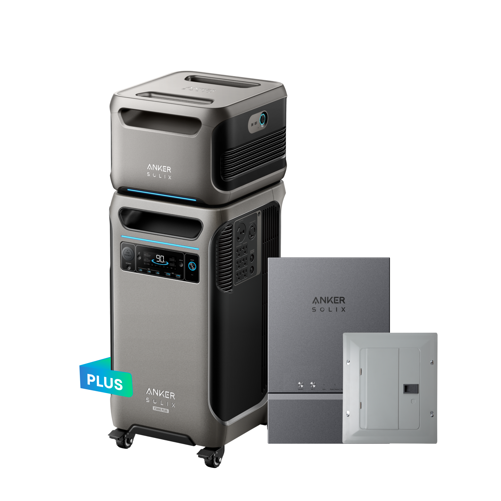 F3800 Plus with BP3800 expansion battery alongside Anker Home Power Panel equipment
