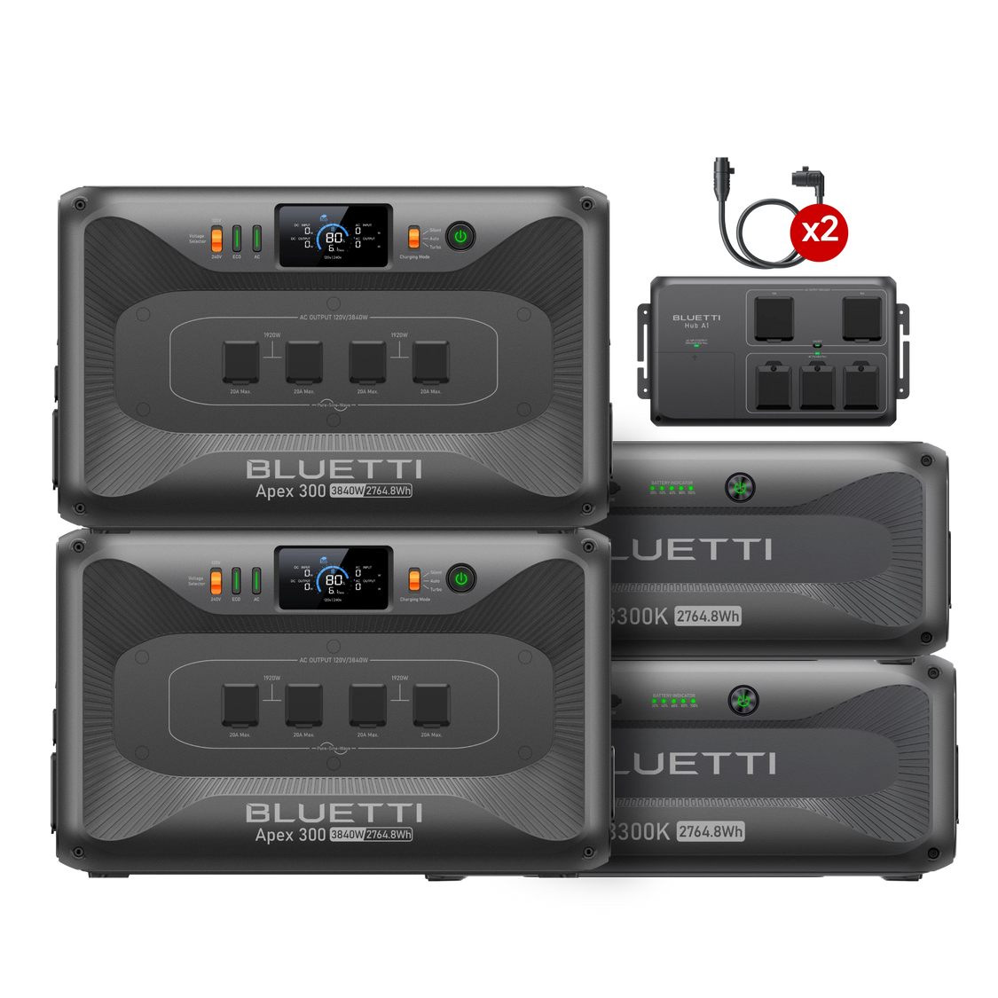 BLUETTI 2×Apex 300 + 2×B300K + Hub A1 exact configuration, manufacturer transparent promotional rendering