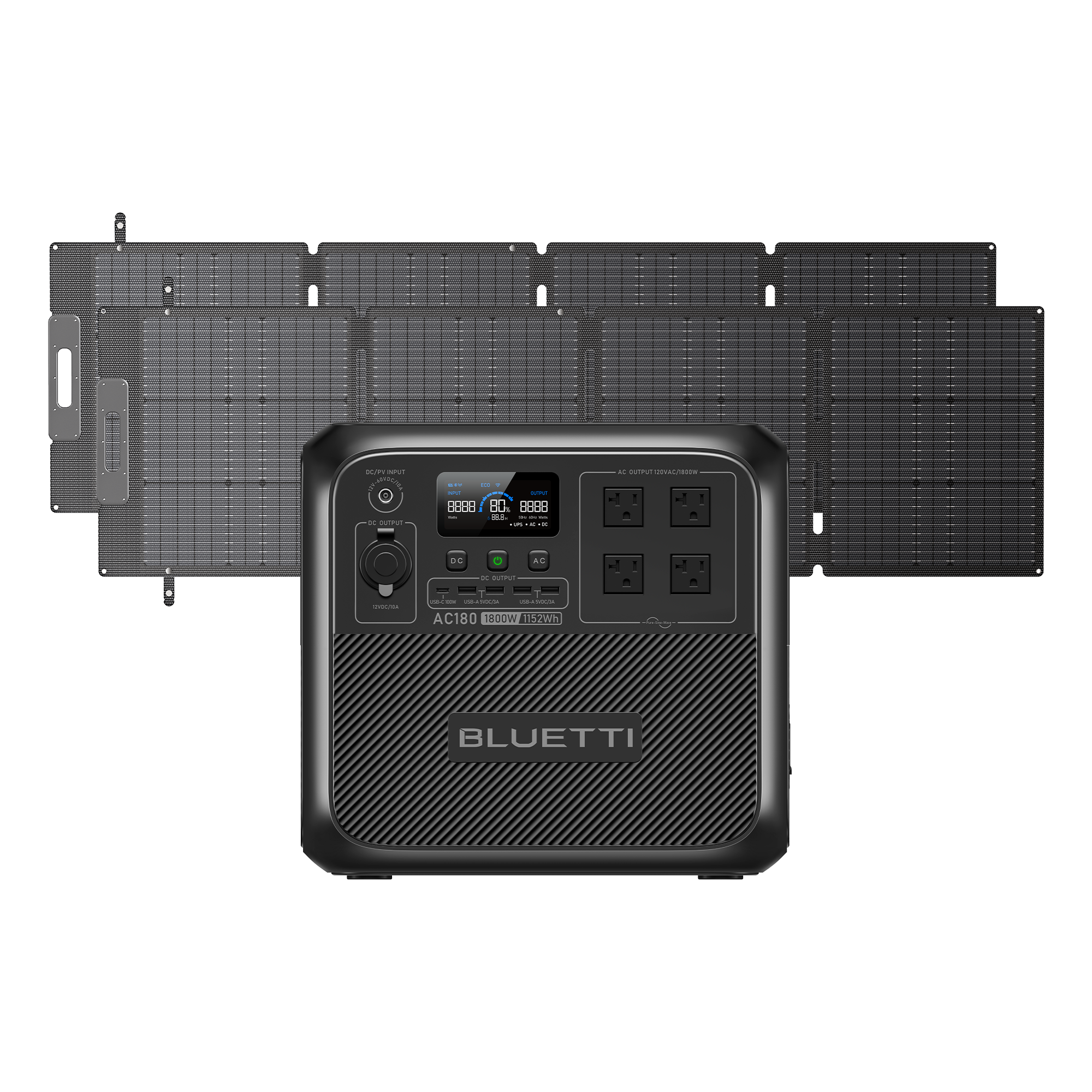 BLUETTI’s selected-option rendering depicts one AC180 and two panels in a 400 W package. Their exact model and recommended wiring remain unresolved.