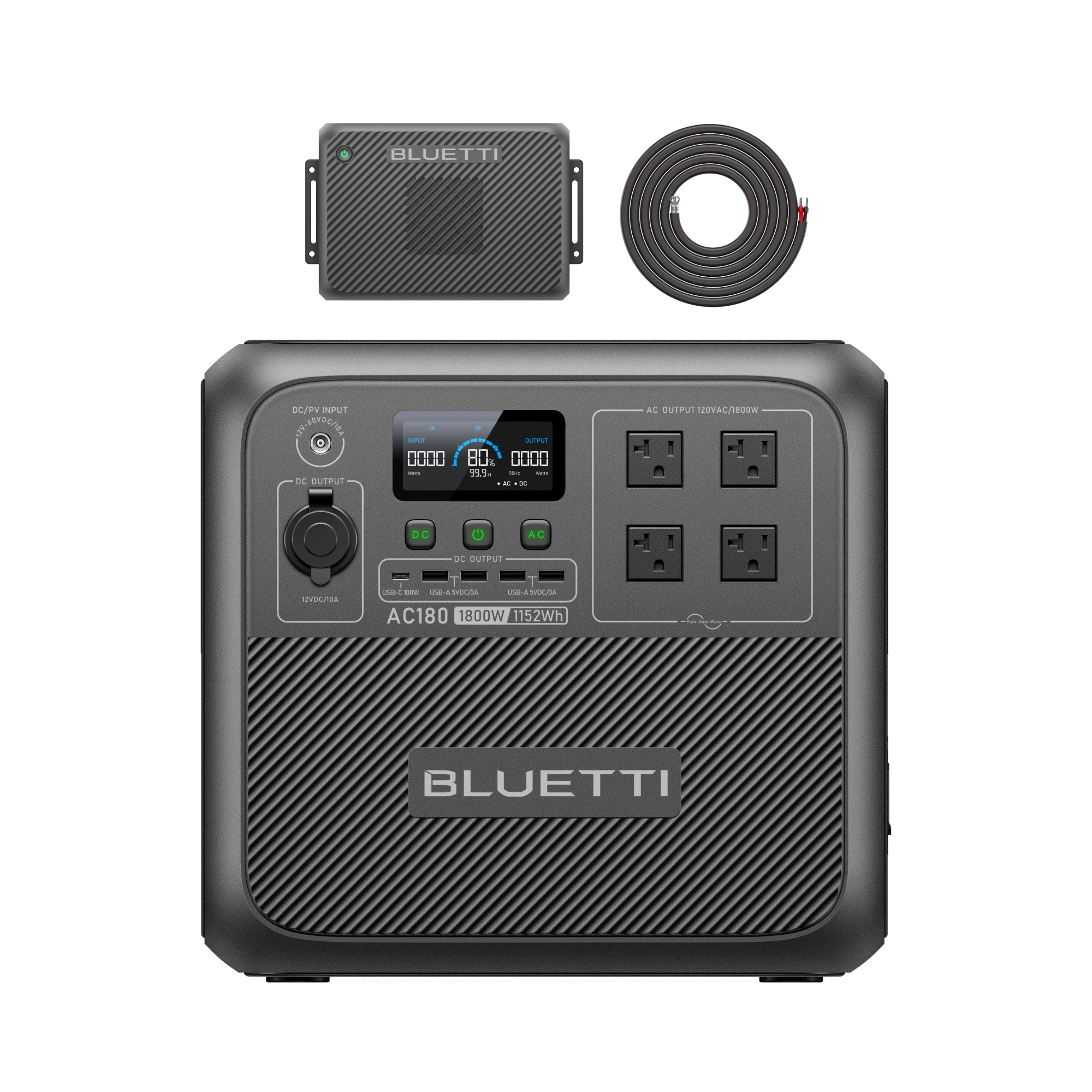AC180 with a Charger 2 accessory in the selected-option manufacturer render. The exact station-side connector/adapter bridge remains unresolved.