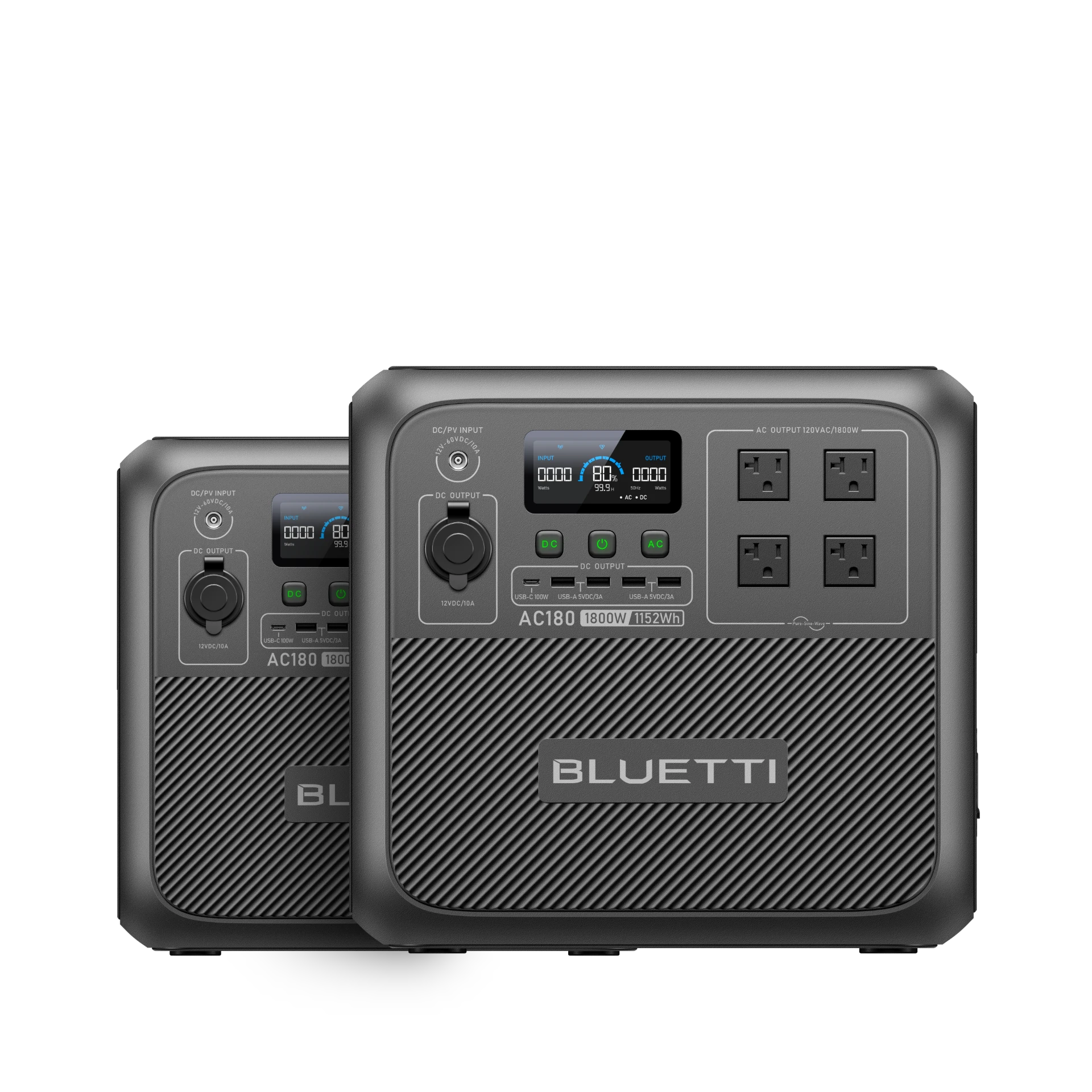 Two AC180 units in the selected package render; each remains an independent 120 V station. The image does not establish linked output or a 240 V plan.