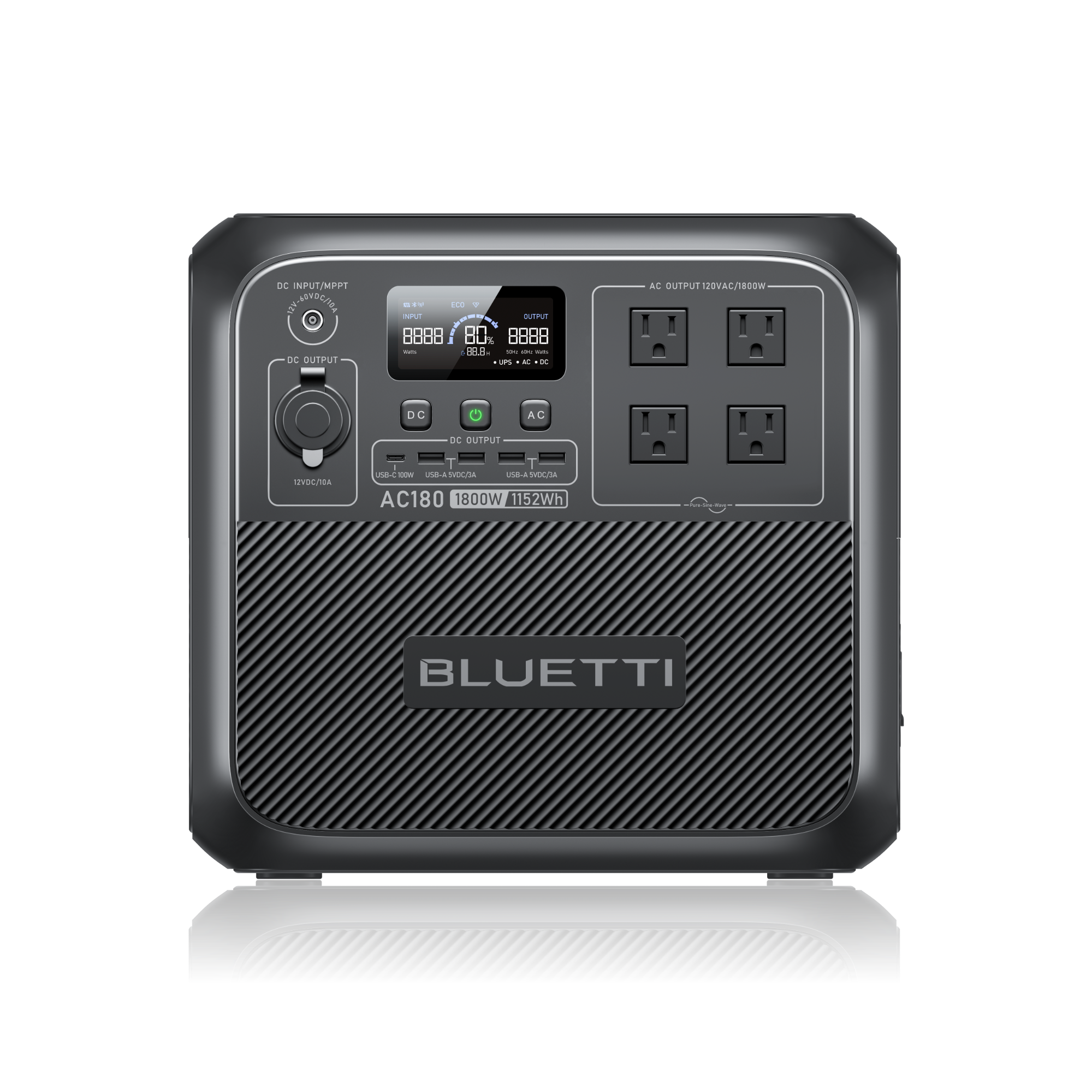 BLUETTI AC180 AC180-US-GY-BL-SPFUS portable power station, manufacturer front-panel rendering with four AC outlets and DC/USB ports