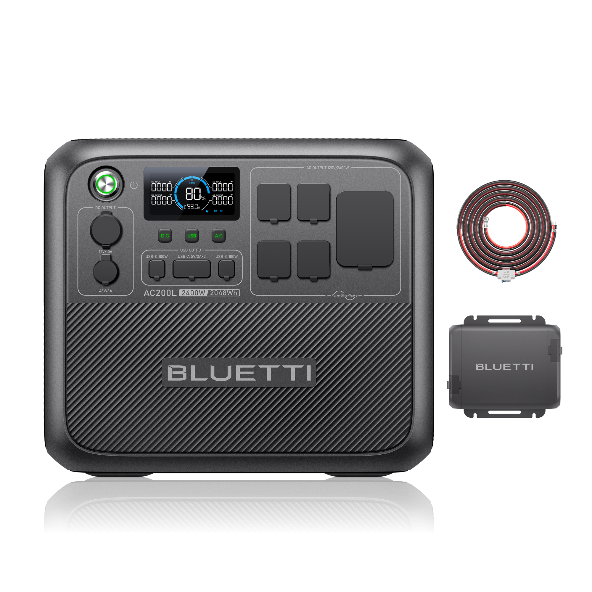 Station BLUETTI AC200L 2,400 W / 2,048 Wh neben dem Gehäuse des Charger 1 von BLUETTI und angeschlossenem Kabel, Herstellerdarstellung