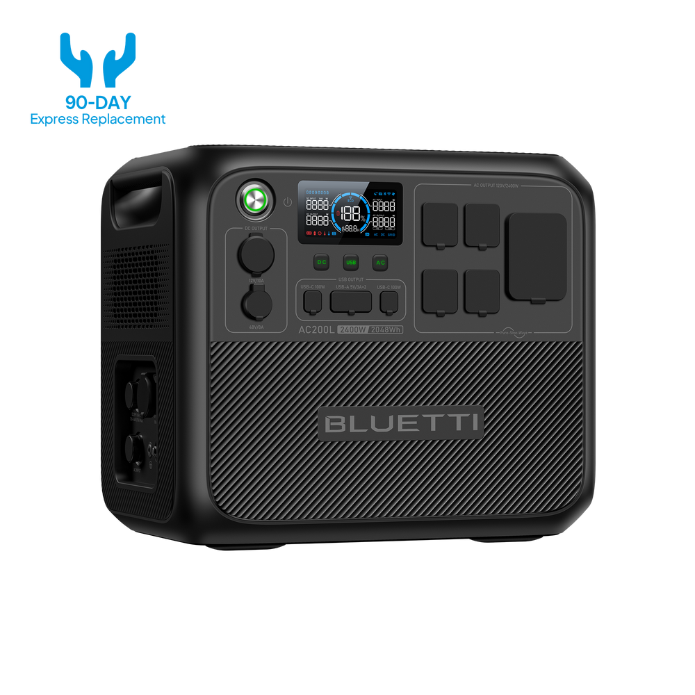 Frontansicht und seitliches Anschlussfeld der tragbaren Powerstation BLUETTI AC200L 2,400 W / 2,048 Wh, Hersteller-CGI-Rendering