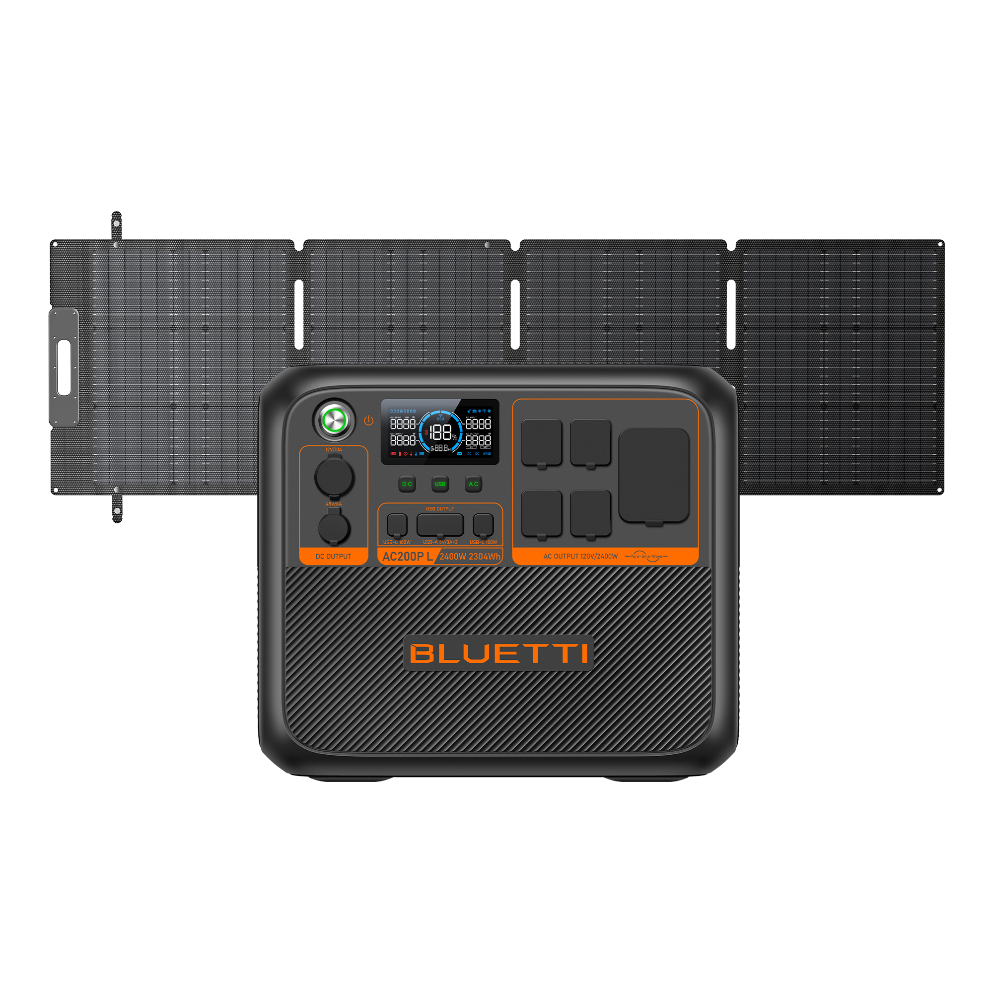 BLUETTI AC200P L power station with one folding solar panel in manufacturer promotional composite