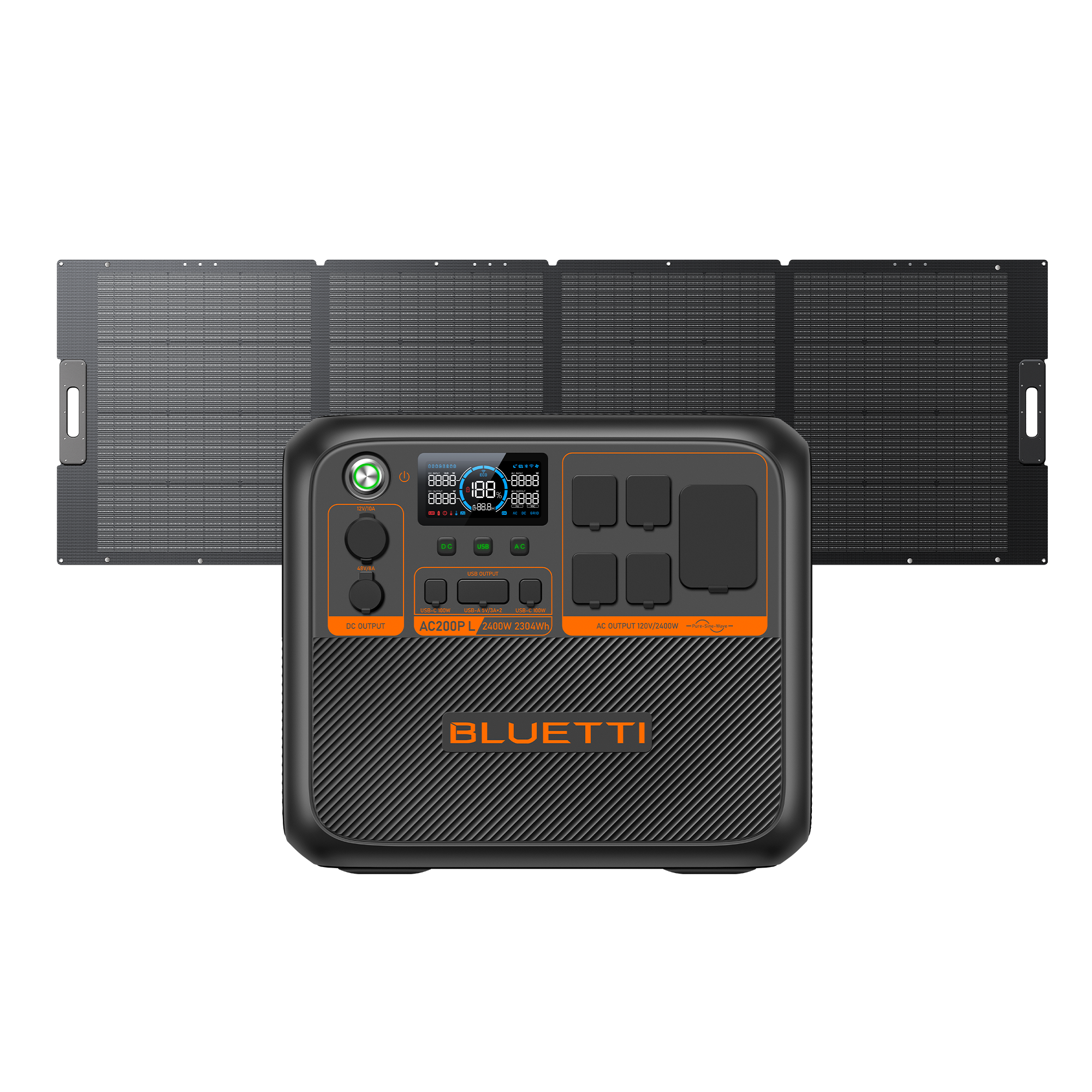 BLUETTI AC200P L power station with one large folding solar panel in manufacturer promotional composite