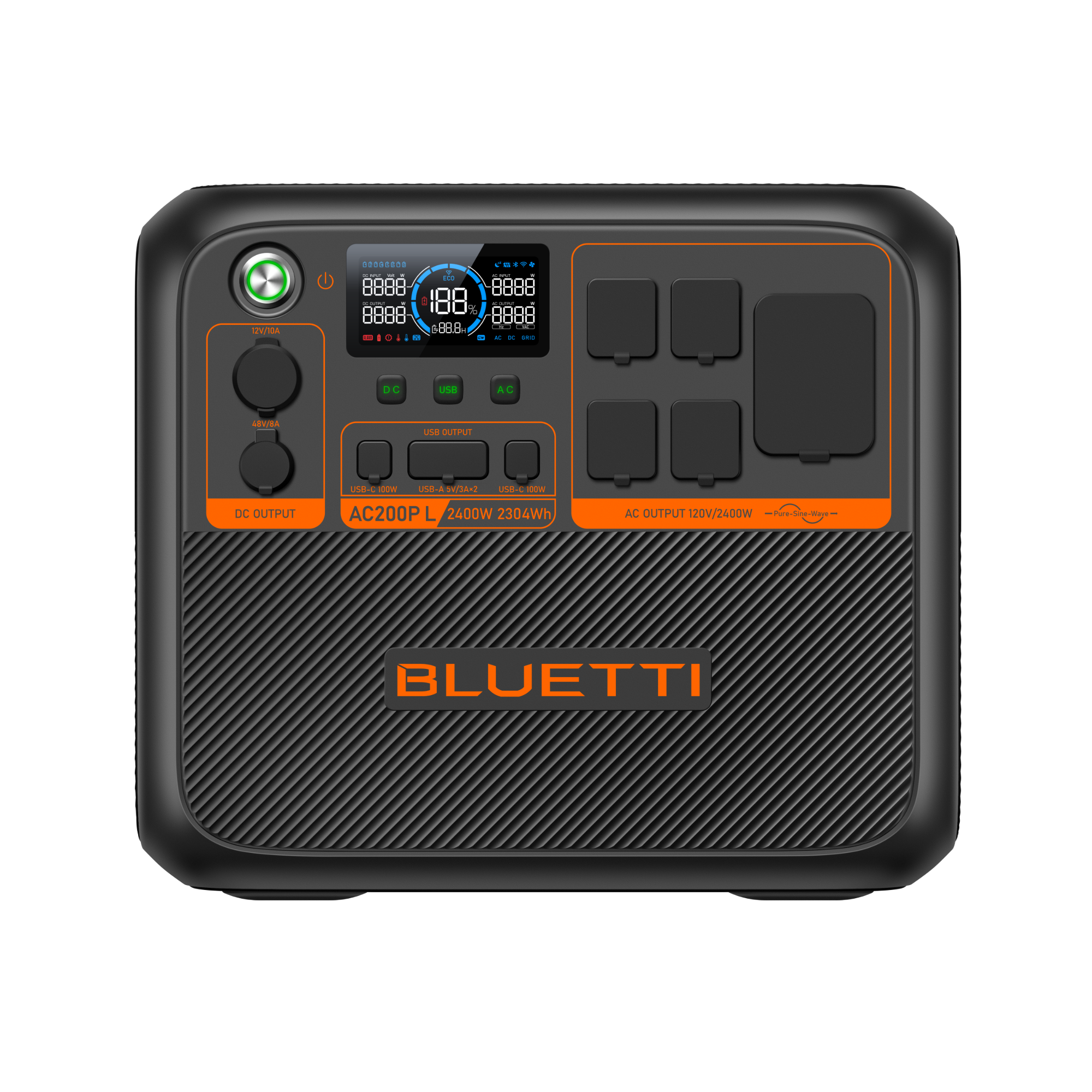 BLUETTI AC200P L 2,304 Wh portable power station front panel with 120 V AC, USB, 12 V and 48 V DC outputs, manufacturer CGI rendering