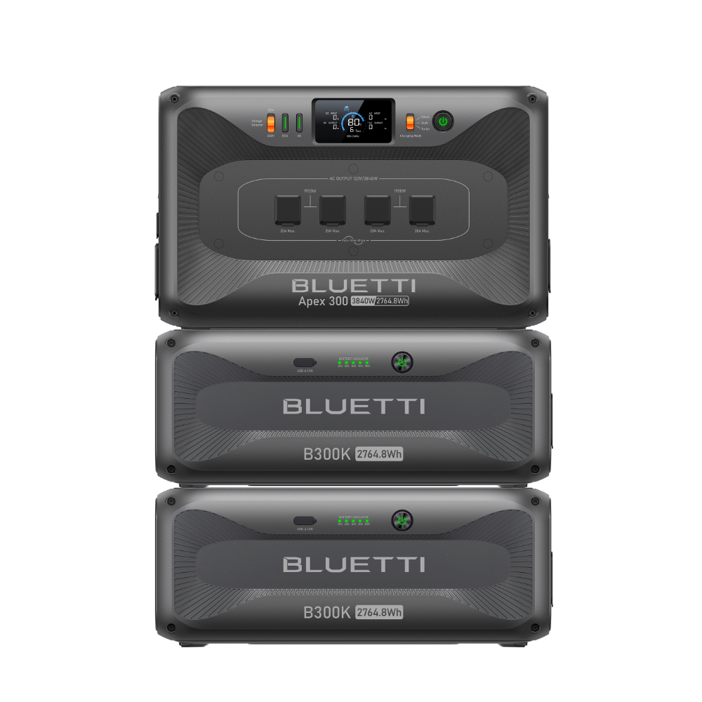 BLUETTI Apex 300 + 2×B300K exact configuration, manufacturer transparent promotional rendering