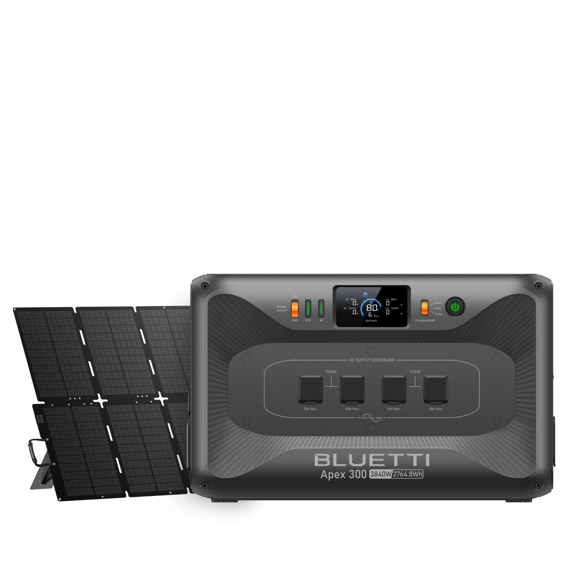 BLUETTI Apex 300 beside a folding solar panel in the selected 500W bundle manufacturer rendering