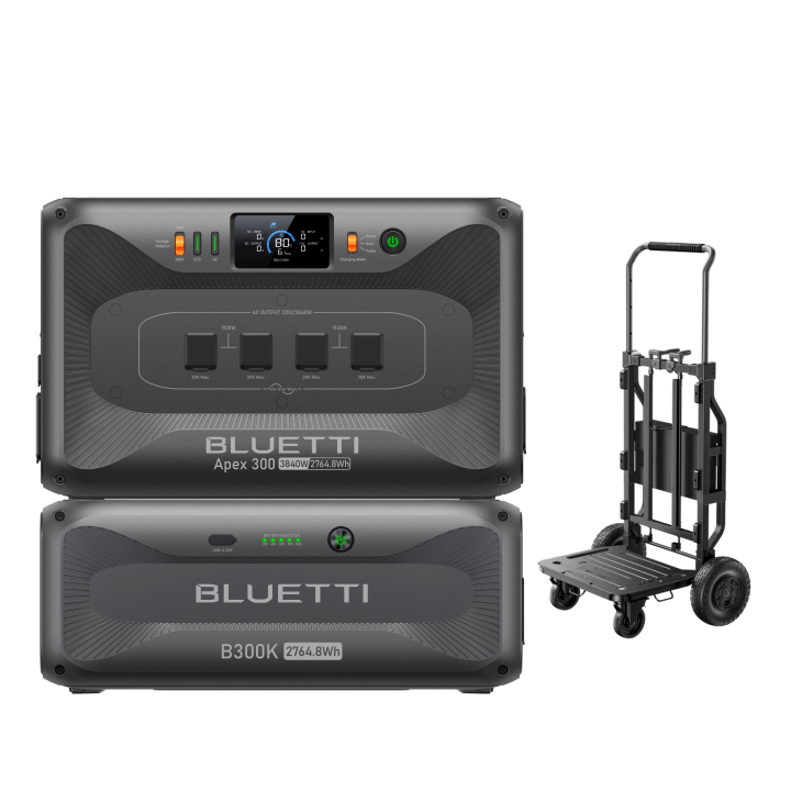 BLUETTI Apex 300, B300K expansion battery and Foldable Trolley 2 shown in the selected package render