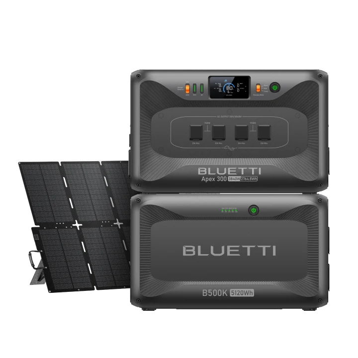 BLUETTI Apex 300 with one B500K expansion battery and a 500W solar panel in a transparent-background manufacturer rendering