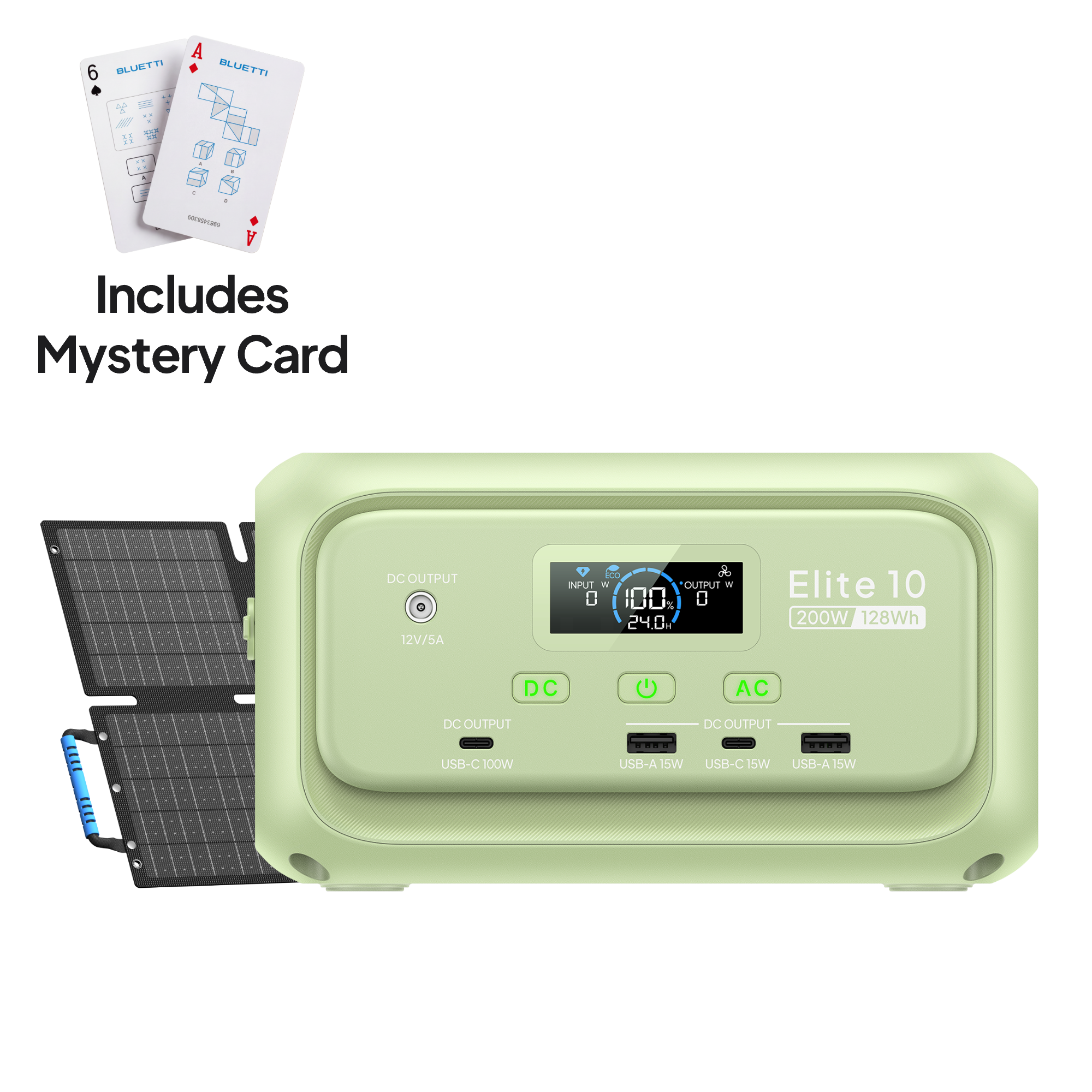 BLUETTI Meadow Green Elite 10 128 Wh power station with one SORA 60 solar panel, exact-option manufacturer rendering