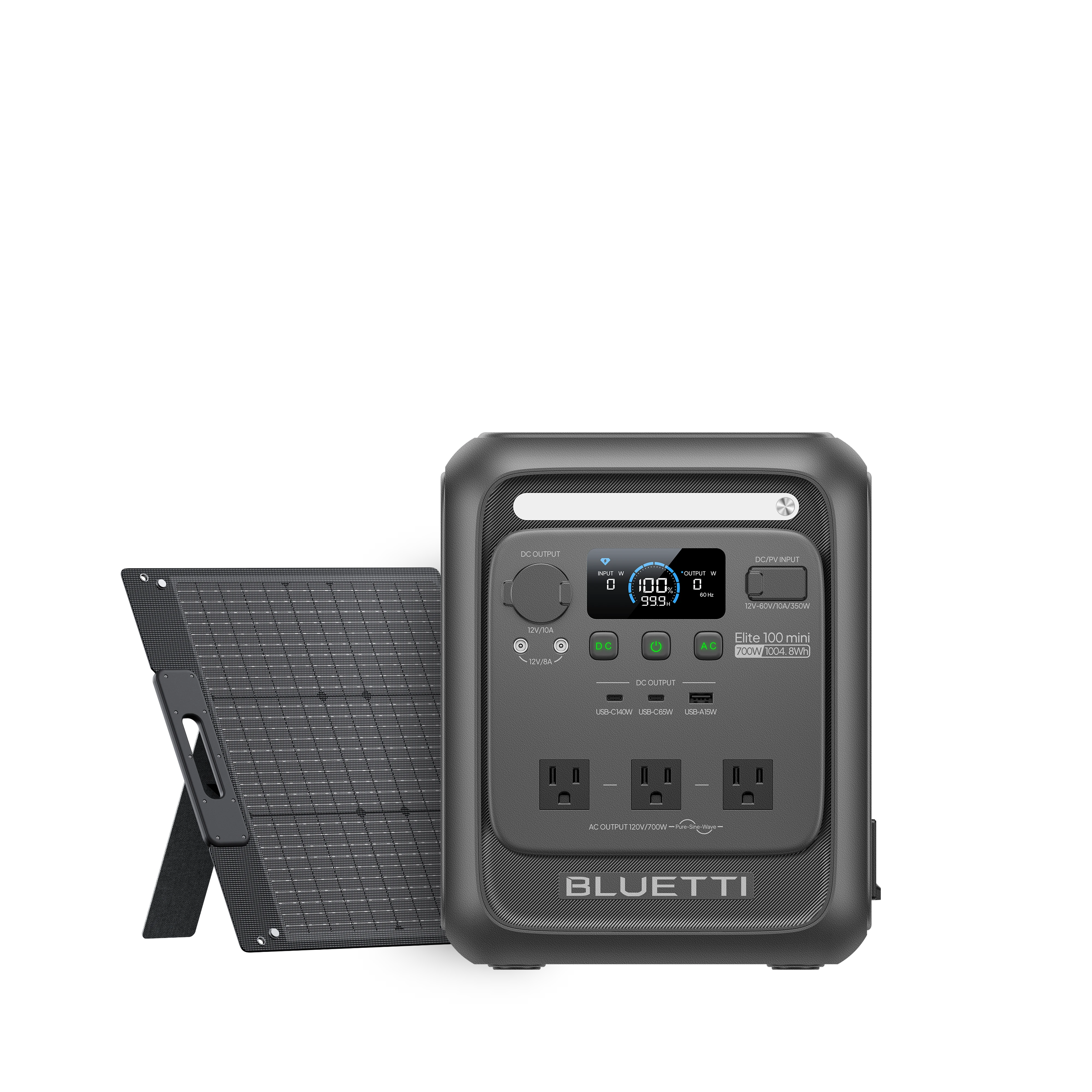 BLUETTI Elite 100 mini + 100W Solar exact selected-package rendering showing the EL100M station and one folding panel