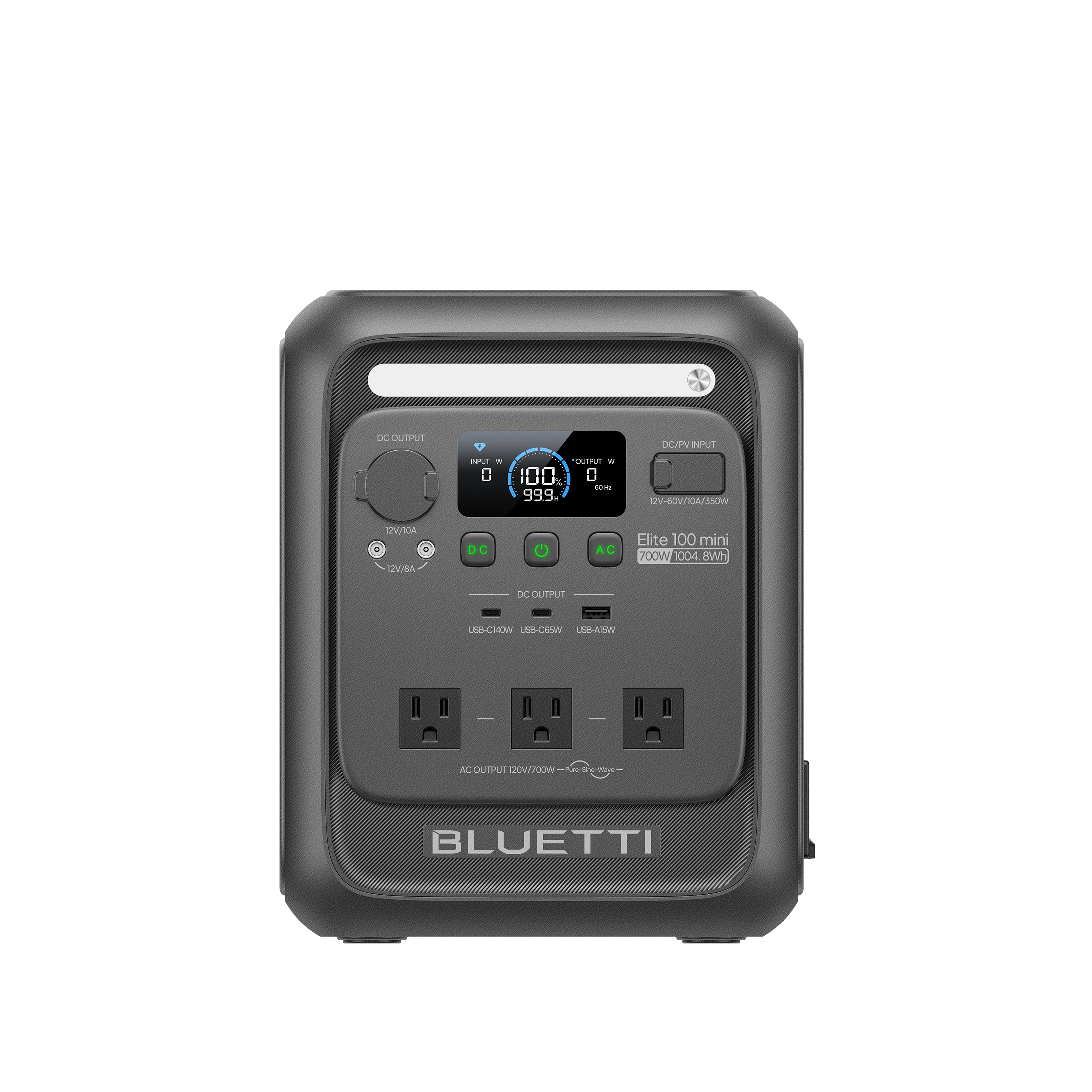 BLUETTI Elite 100 mini EL100M station front-panel manufacturer rendering; the separate Charger 1 bundle component is not pictured