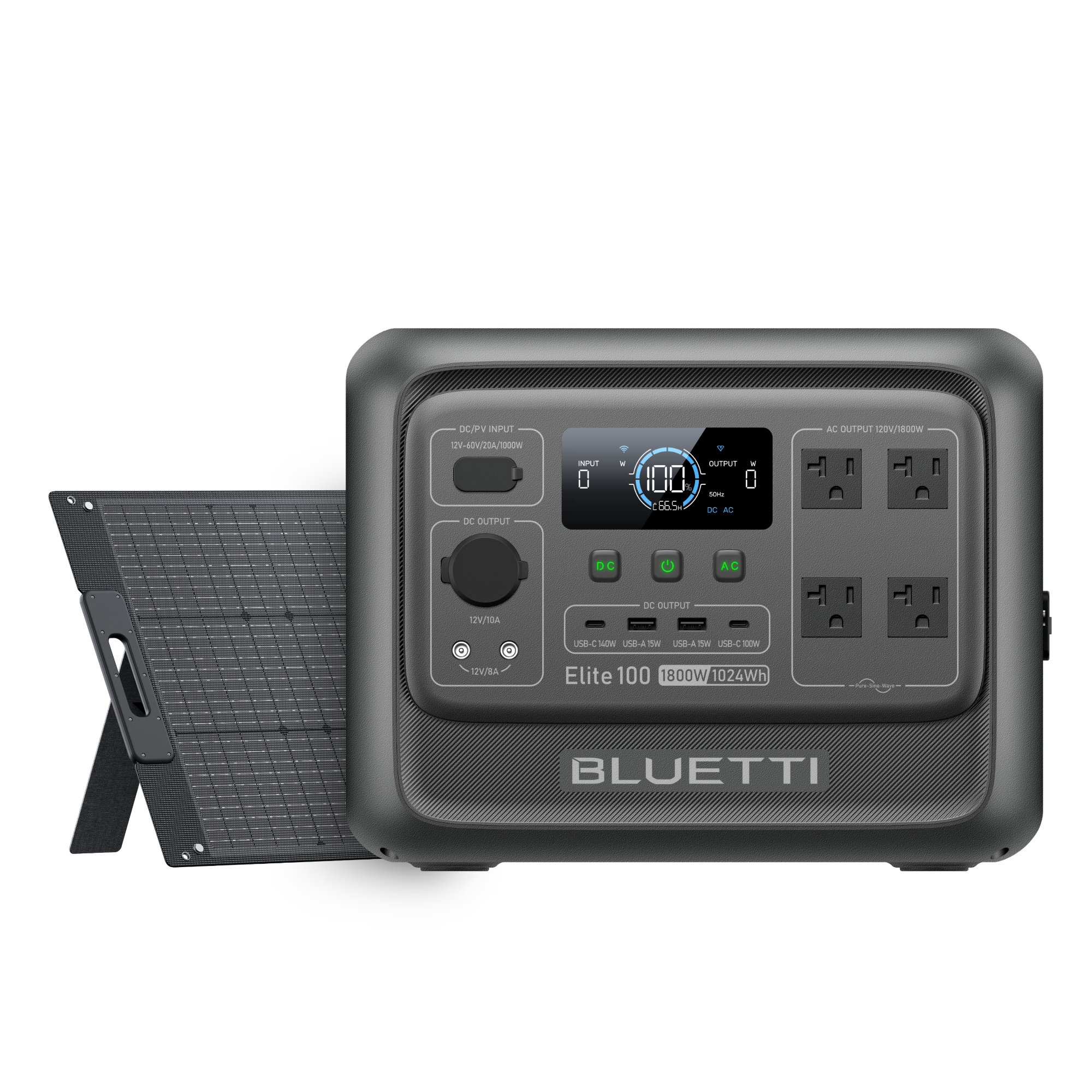 BLUETTI Elite 100 V2 + 100W Solar exact selected-option manufacturer rendering showing the station and listed panel