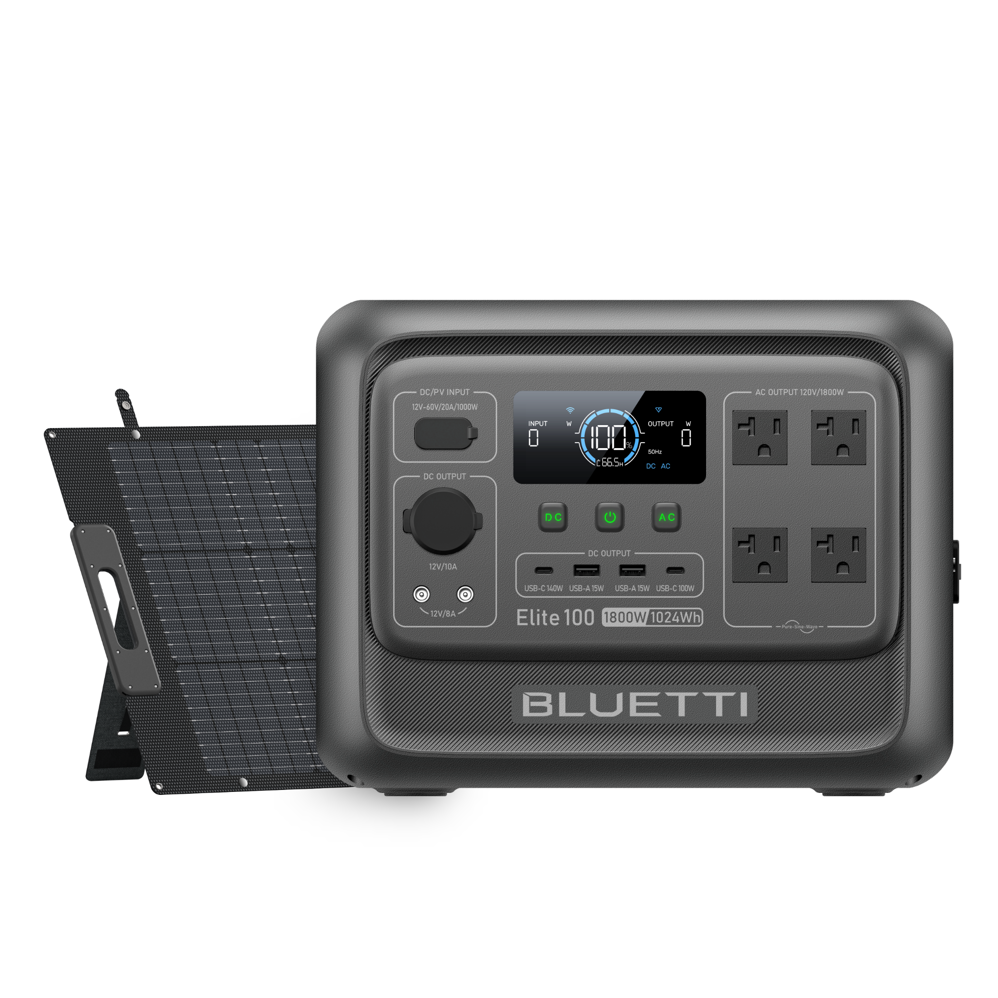 BLUETTI Elite 100 V2 + 200W Solar exact selected-option manufacturer rendering showing the station and listed panel