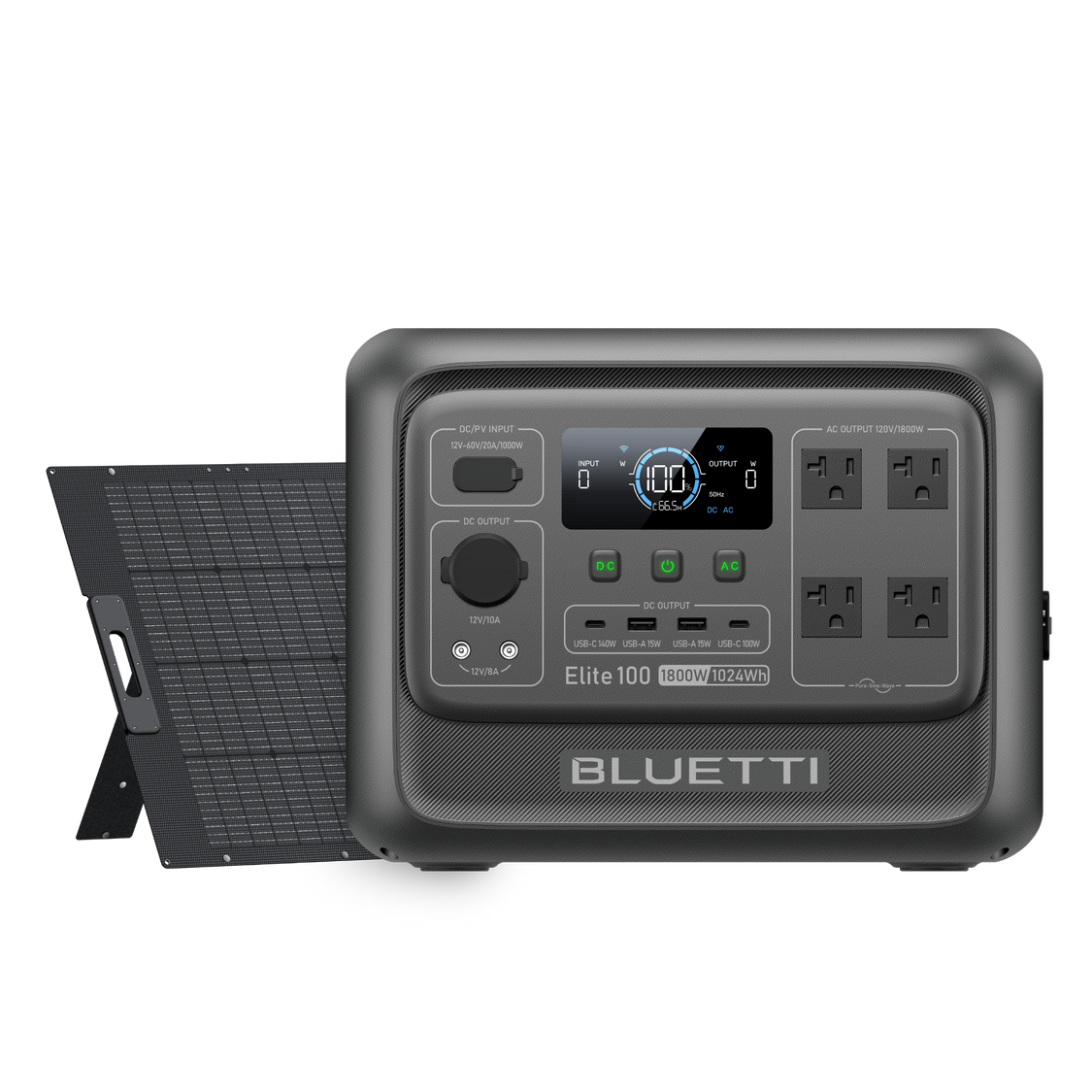 BLUETTI Elite 100 V2 + 350W Solar exact-option manufacturer composite showing the EL100V2 station and one folding solar panel
