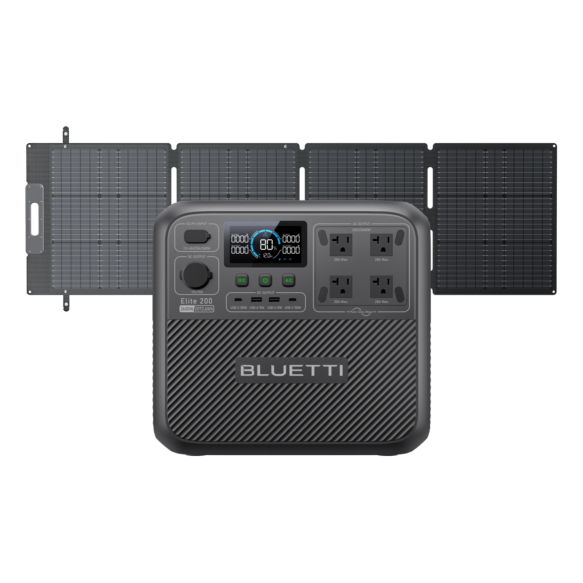 BLUETTI Elite 200 V2 + 200W Solar exact selected-option manufacturer rendering showing the station and listed panel