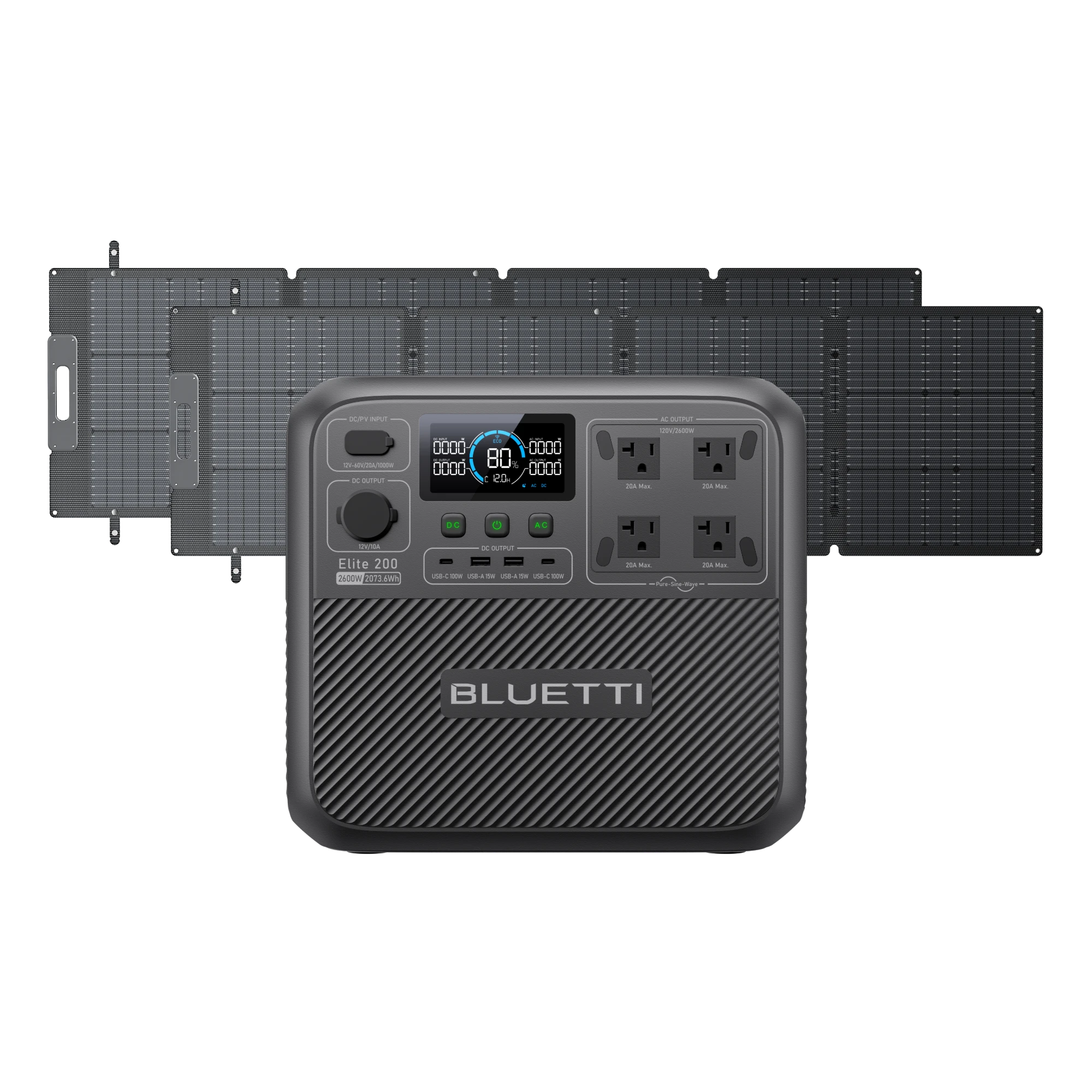 BLUETTI Elite 200 V2 with two unfolded solar-panel renderings, exact option CGI