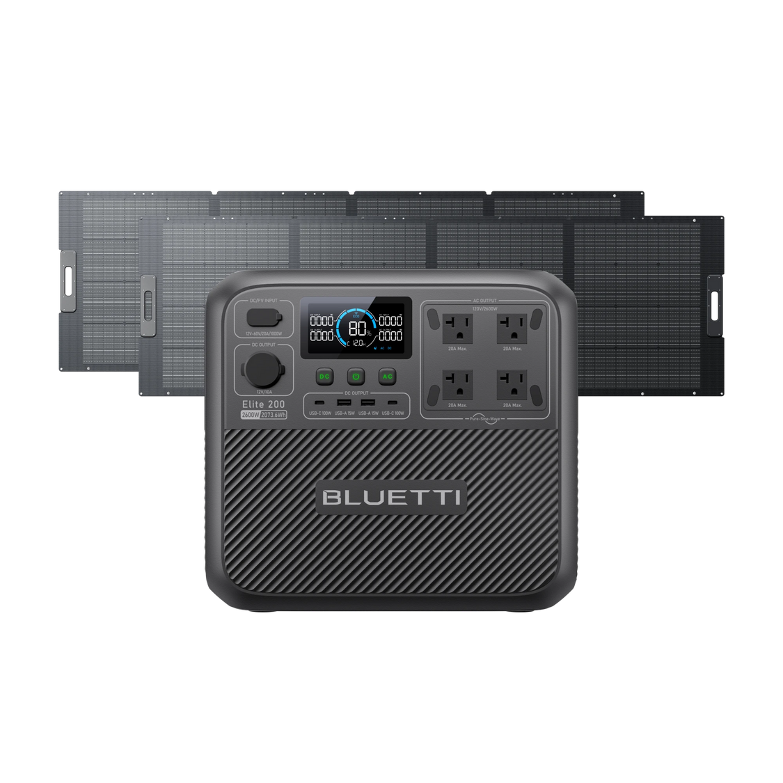 BLUETTI Elite 200 V2 station with two PV350D folding solar-panel renderings, manufacturer promotional composite