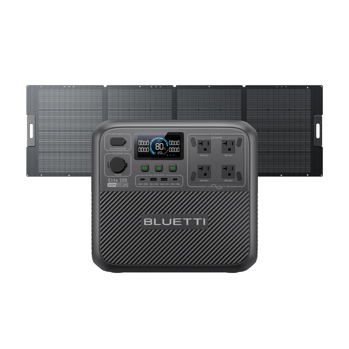 BLUETTI Elite 200 V2 + 350W Solar exact-option manufacturer rendering showing the station and one folding panel