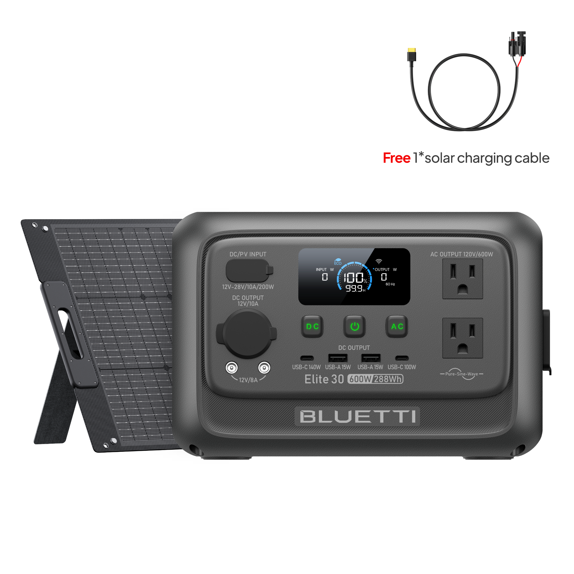 BLUETTI Elite 30 V2 + 100W Solar exact selected-option manufacturer rendering showing the station and listed panel