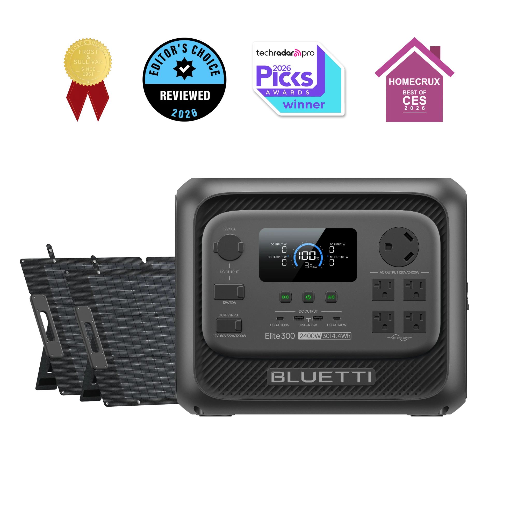 BLUETTI EL300 with two 200 W PV200 folding solar panels, exact package-option manufacturer rendering