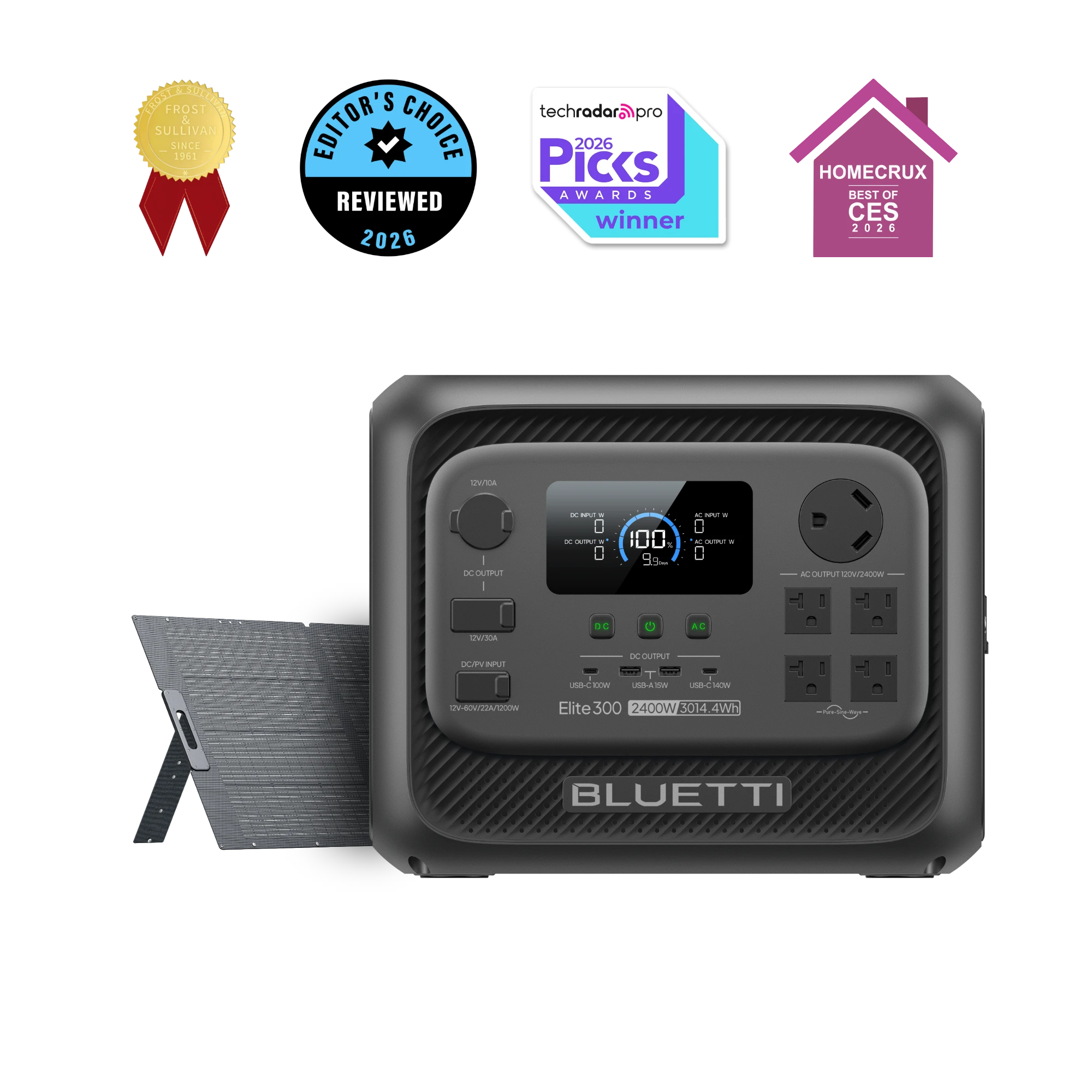 BLUETTI Elite 300 EL300 beside one foldable 350 W PV350 solar panel, exact package-option promotional render