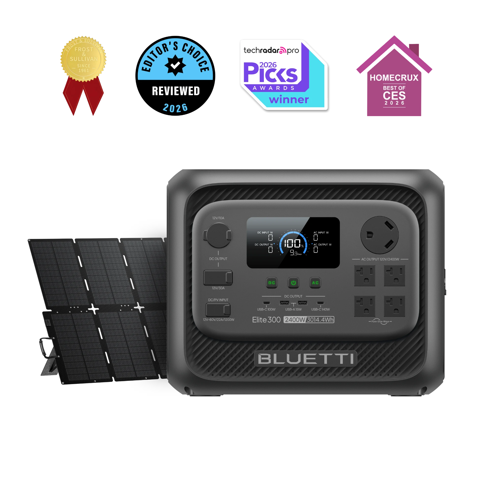BLUETTI Elite 300 EL300 with one unfolded solar panel in the exact Elite 300 + 500W option-page promotional rendering
