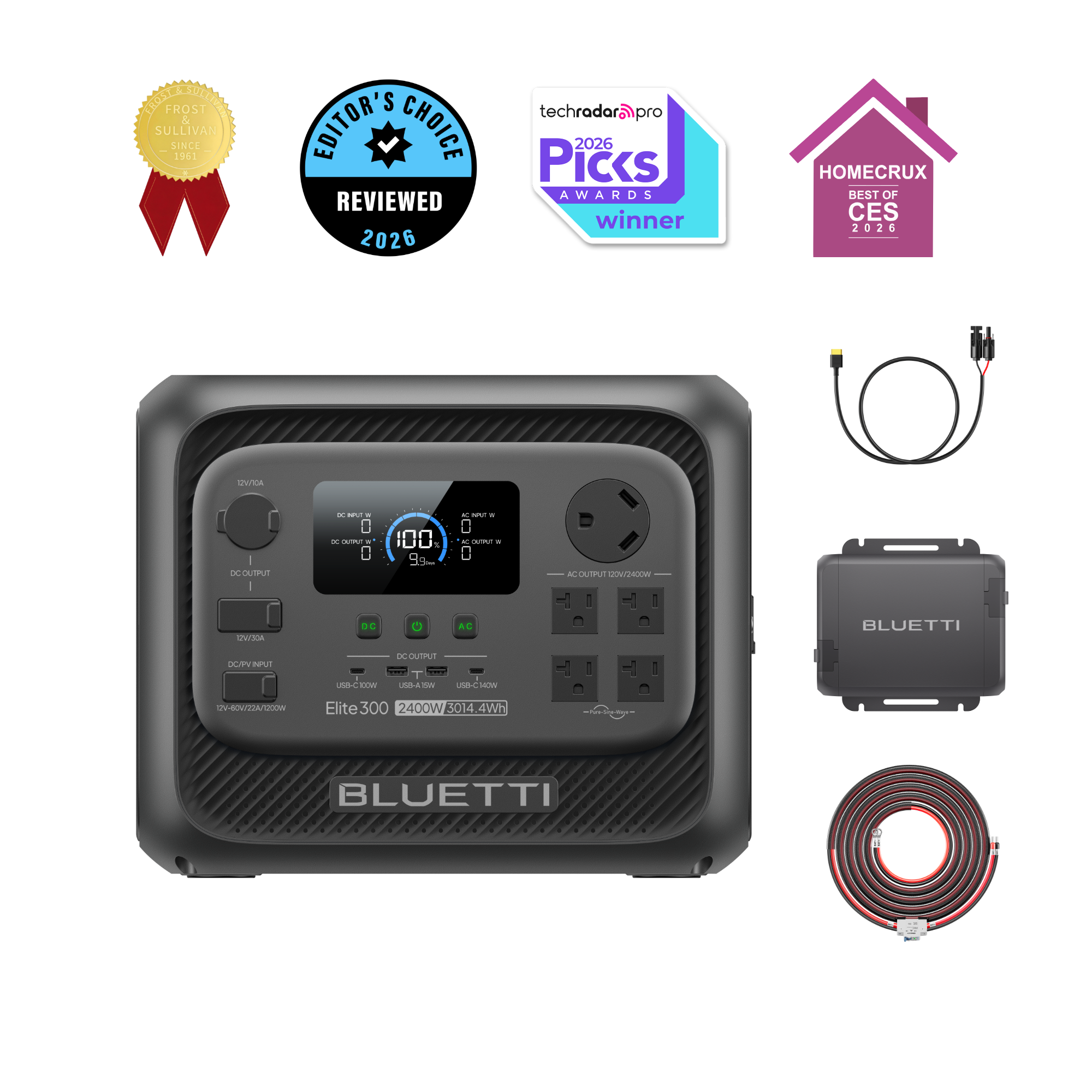 BLUETTI Elite 300 + Charger 1 package option render, with the Elite 300 station and vehicle wiring kit; Charger 1 body is not clearly visible