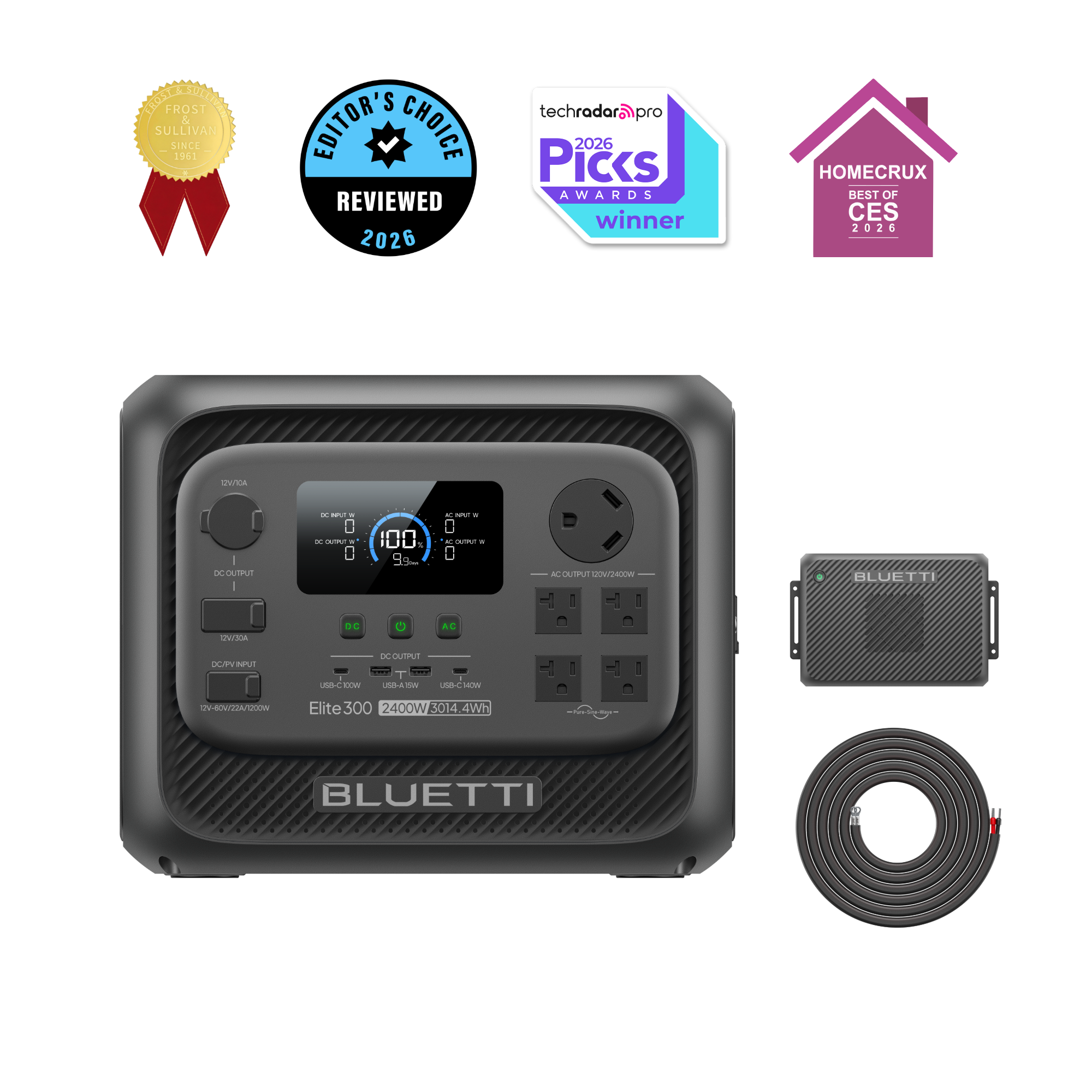 BLUETTI Elite 300 + Charger 2 package option rendering, showing station, separate Charger 2 enclosure and wiring