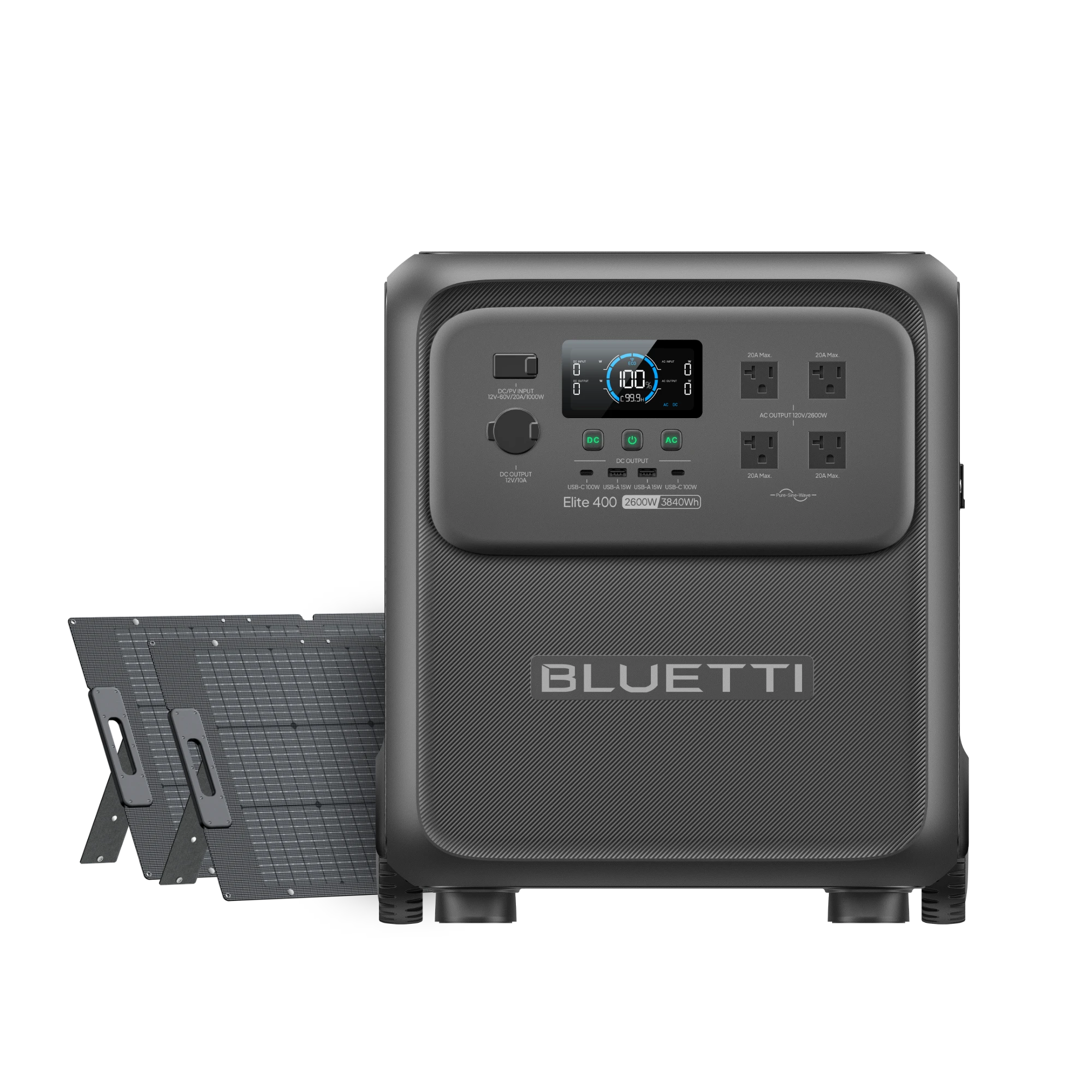 BLUETTI Elite 400 EL400 with two 200 W folding panels in the exact package-option manufacturer rendering