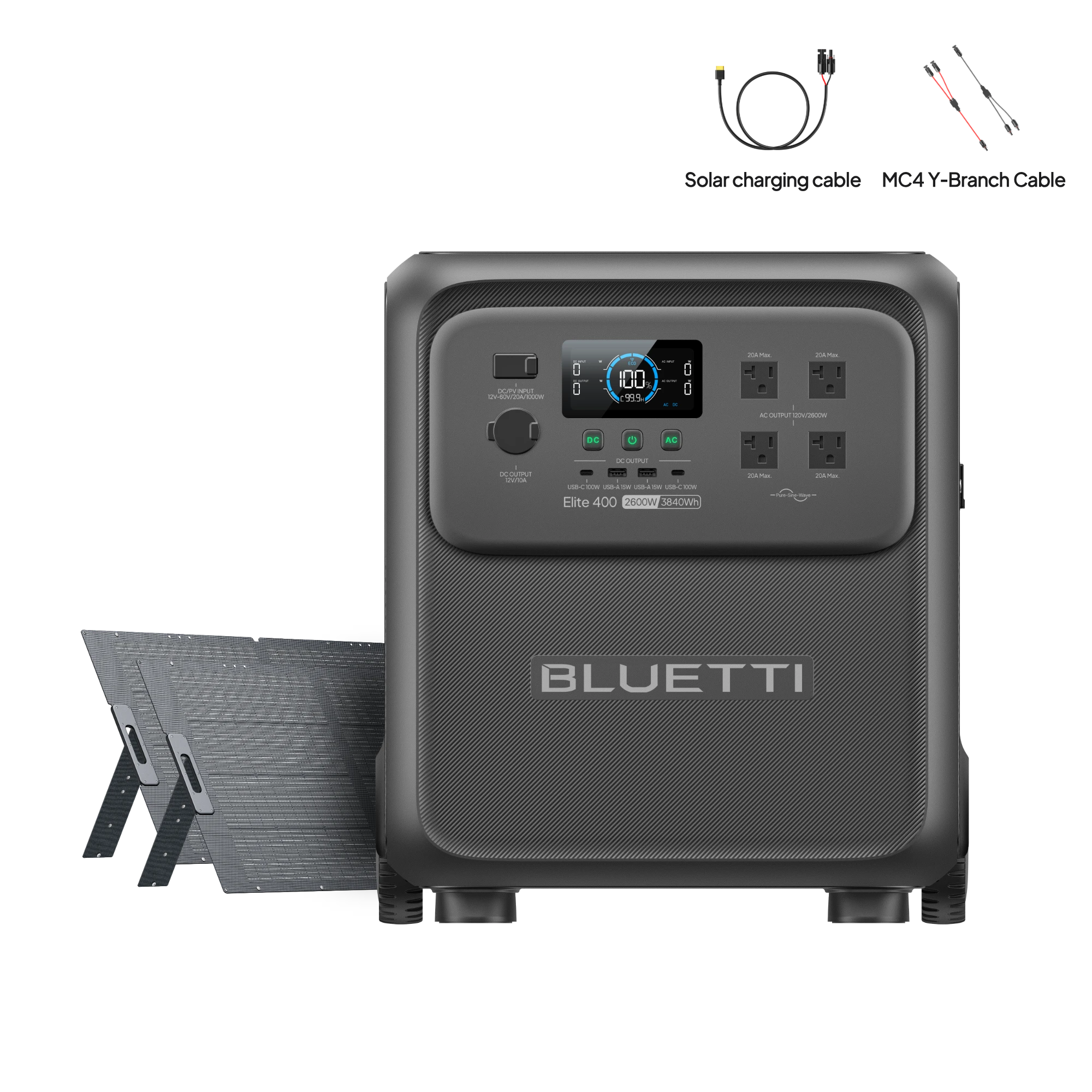 BLUETTI Elite 400 EL400 with a folding solar-panel form in the exact 2×350W option promotional render; the box list, not the art, gives the panel quantity