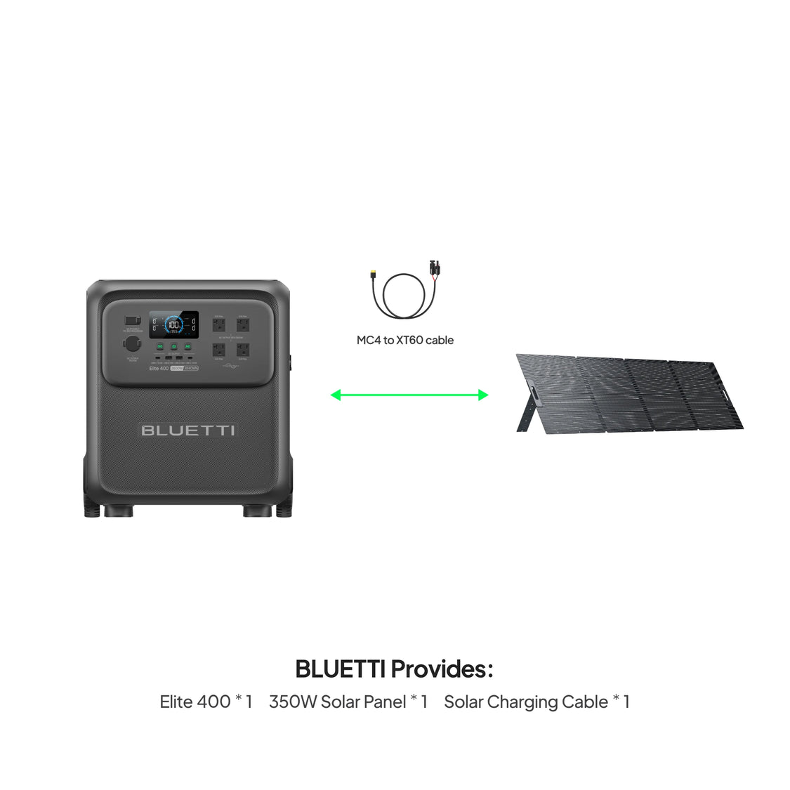 BLUETTI Elite 400 with one folding 350 W solar panel and MC4-to-XT60 cable in the exact package-option artwork