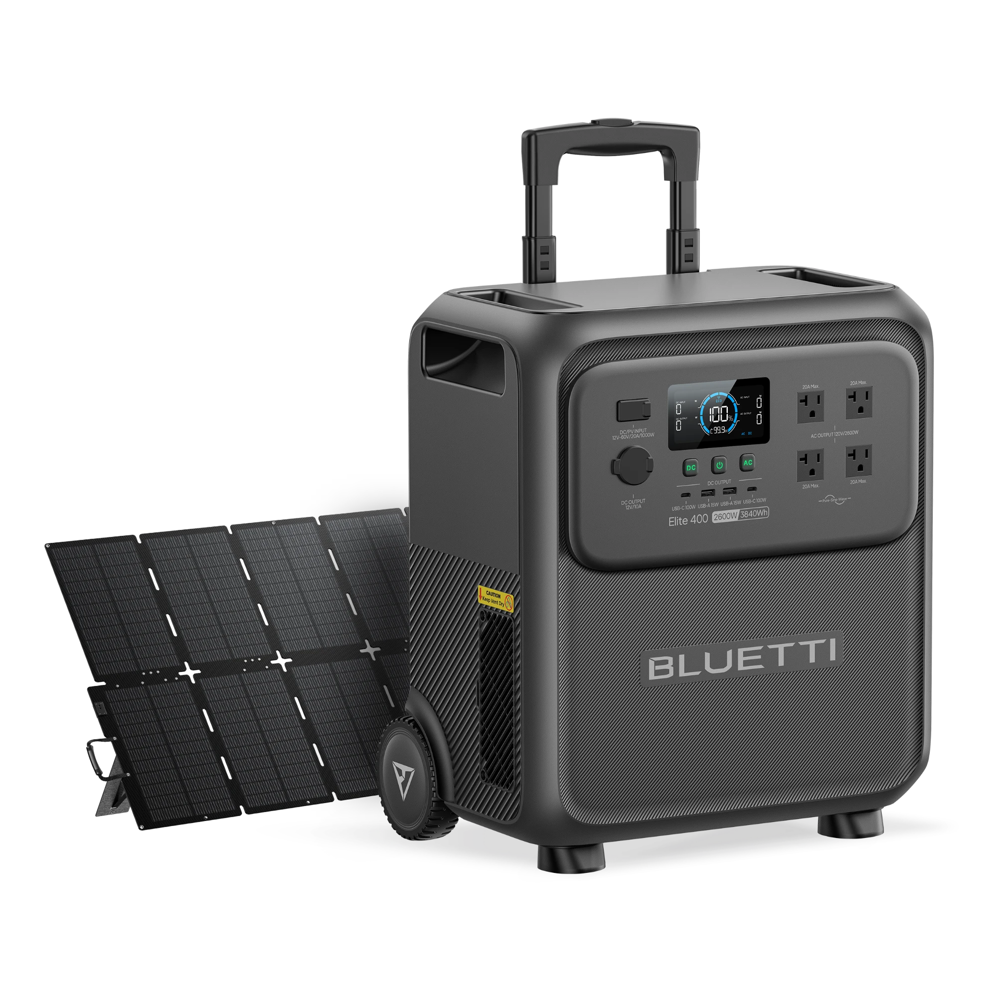 BLUETTI Elite 400 EL400 with one unfolded SORA500 500 W solar panel in exact package-option promotional rendering