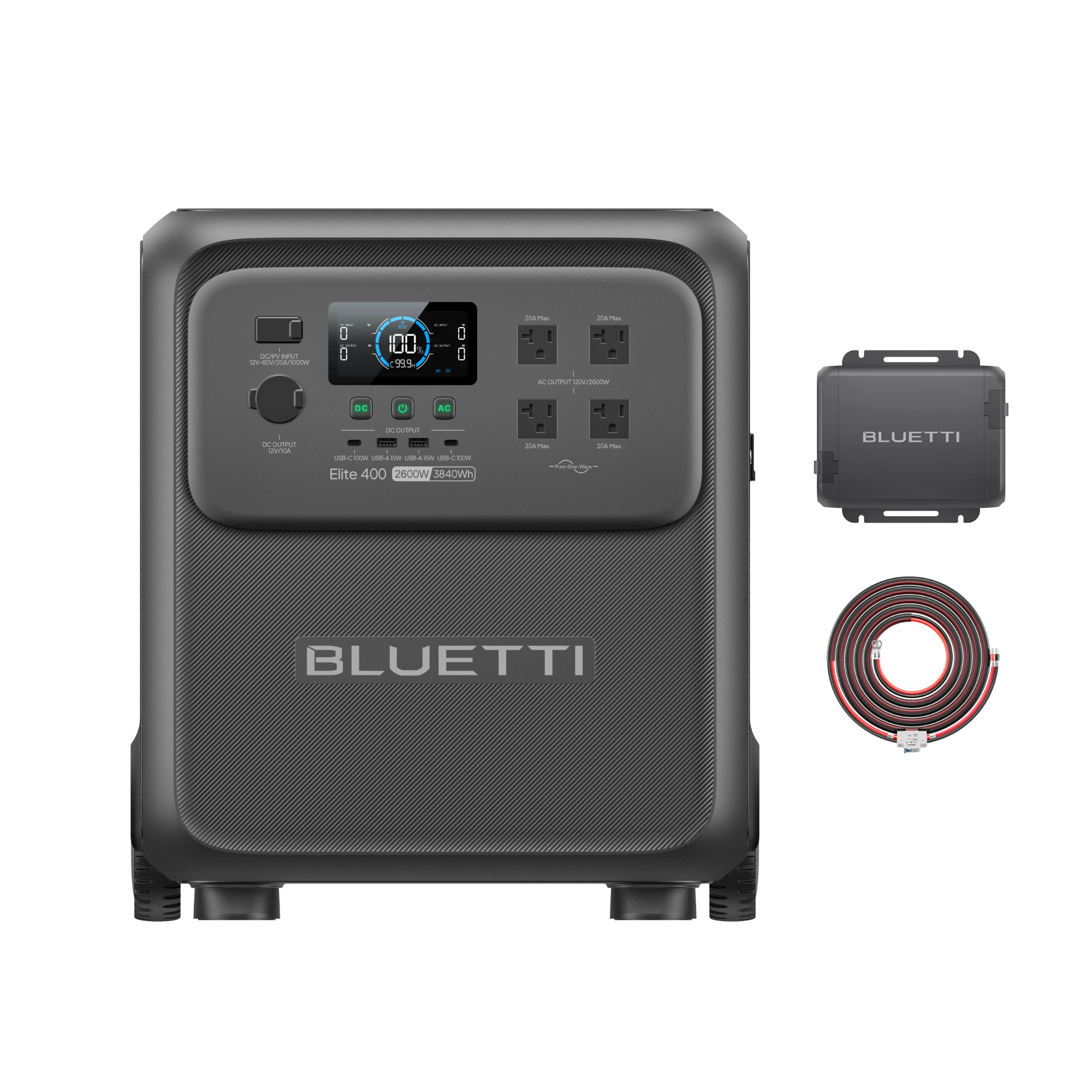 BLUETTI Elite 400 + Charger 1 package option render, showing the Elite 400 and wiring; the Charger 1 body is not clearly identifiable