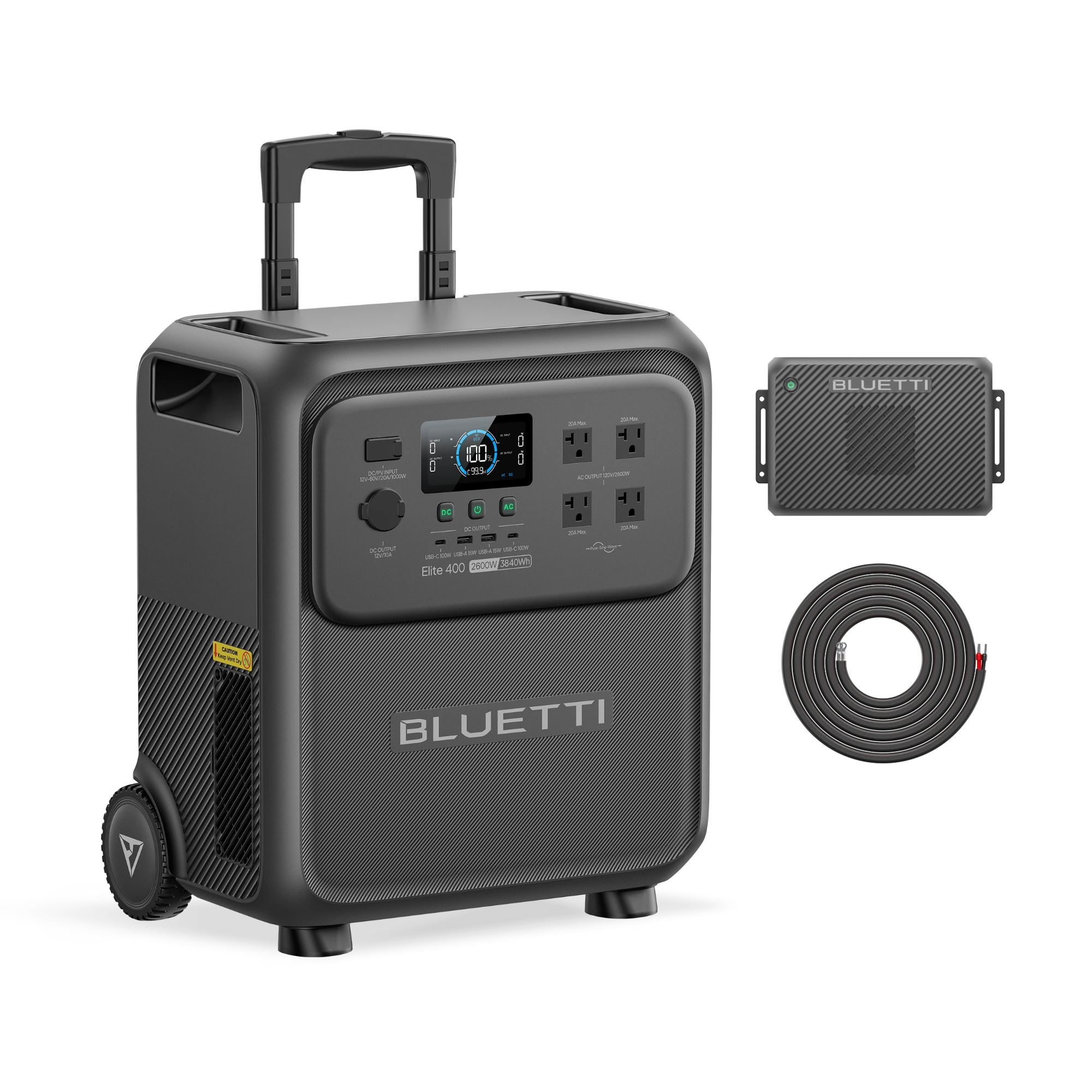BLUETTI Elite 400 + Charger 2 package option rendering, showing the wheeled station, charger enclosure and wiring
