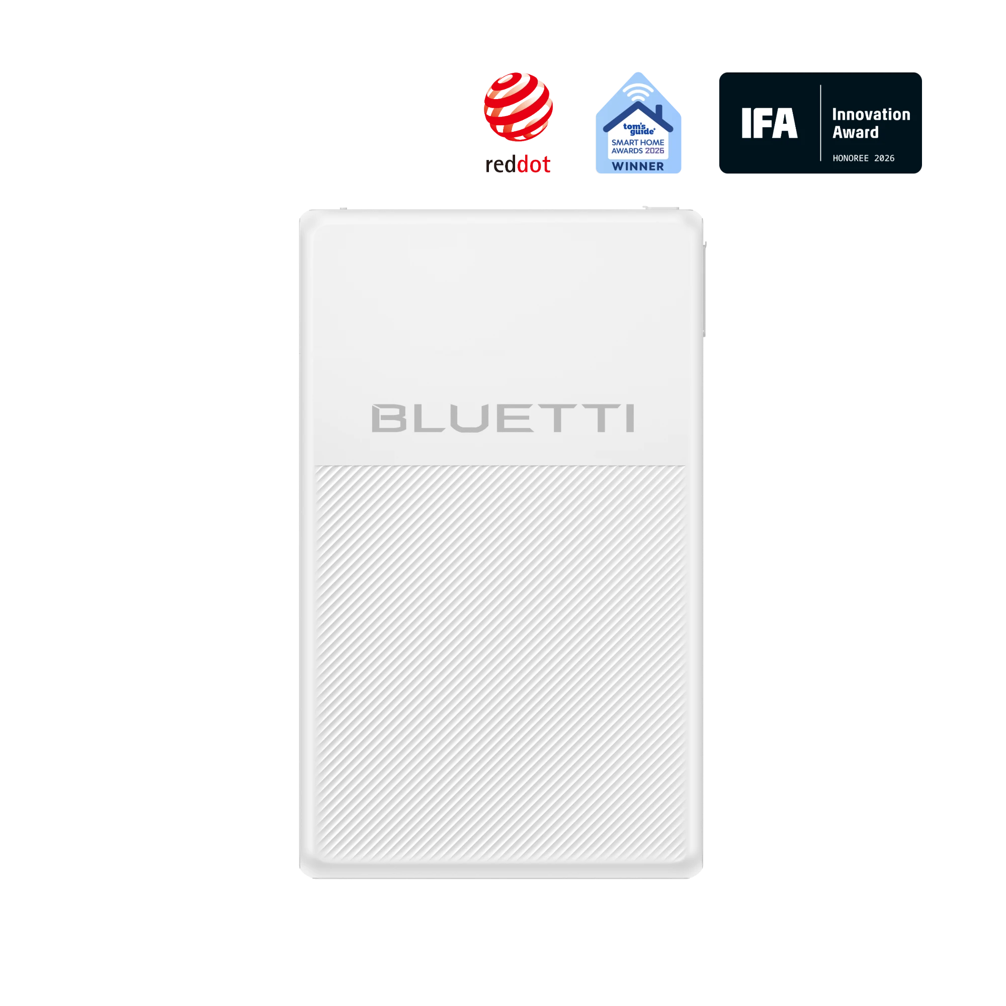 Rear view of the slim white BLUETTI FridgePower station in its official U.S. product-page image, with award marks above it